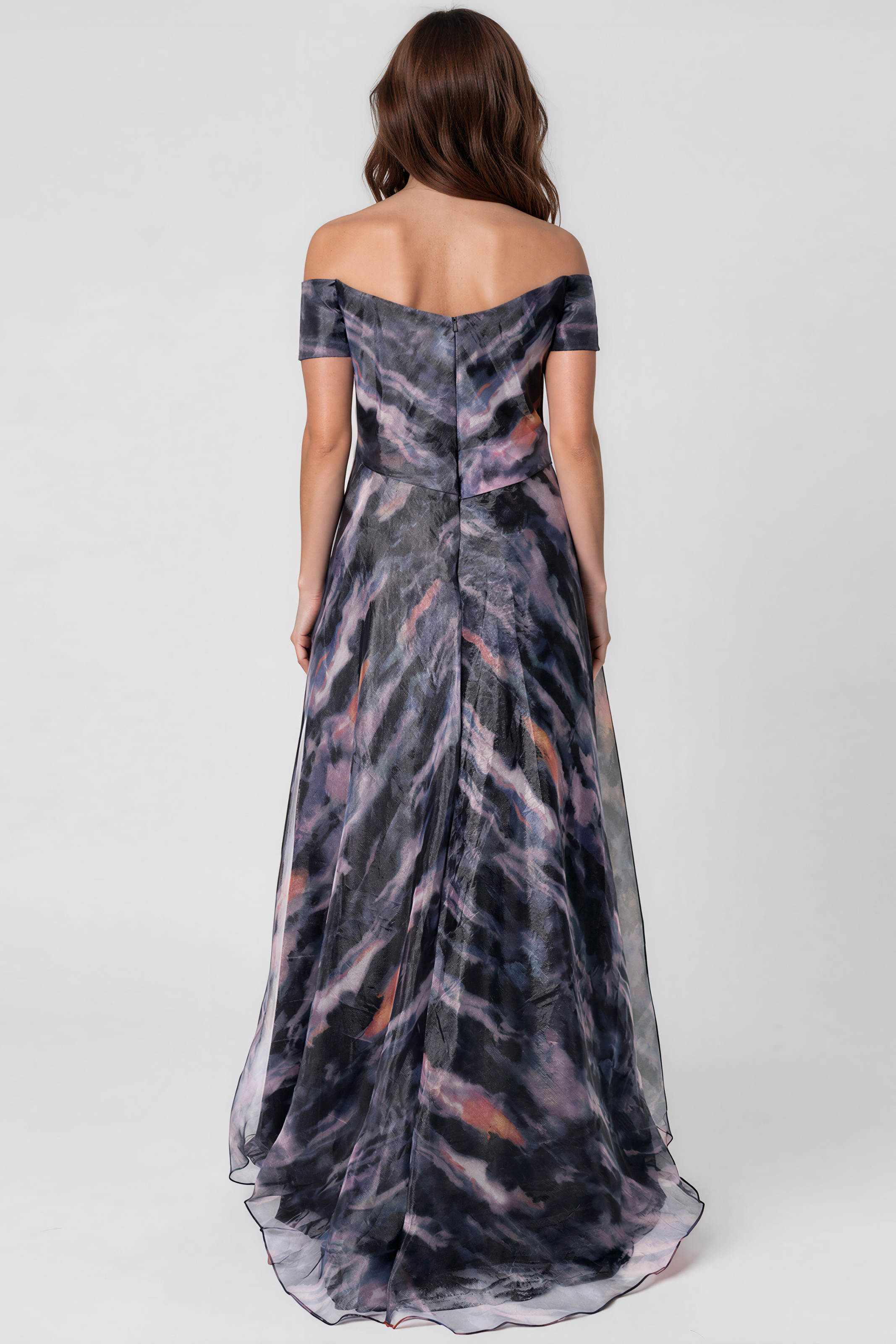 Off The Shoulder Printed Organza A-Line Gown