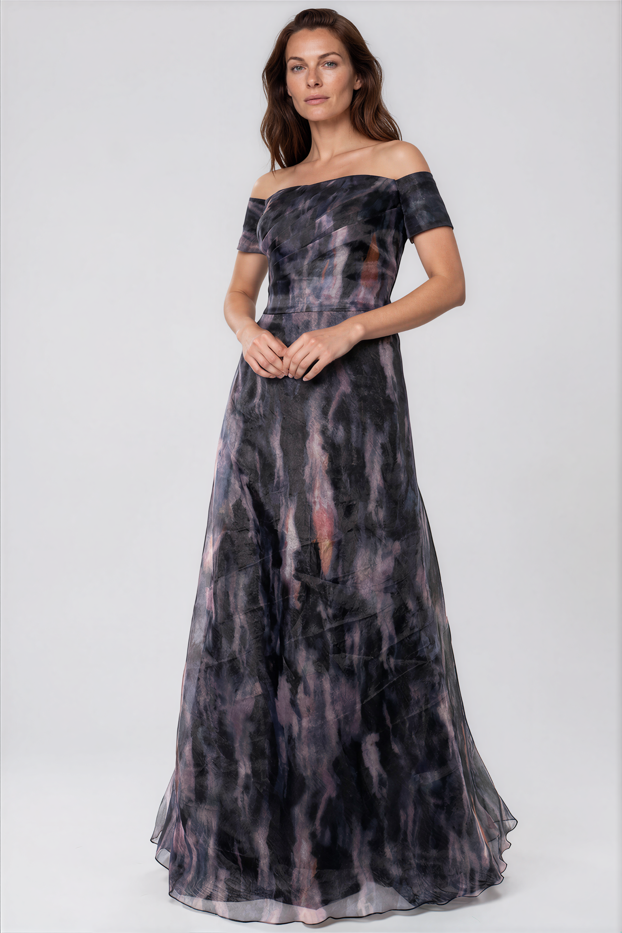 Off The Shoulder Printed Organza A-Line Gown