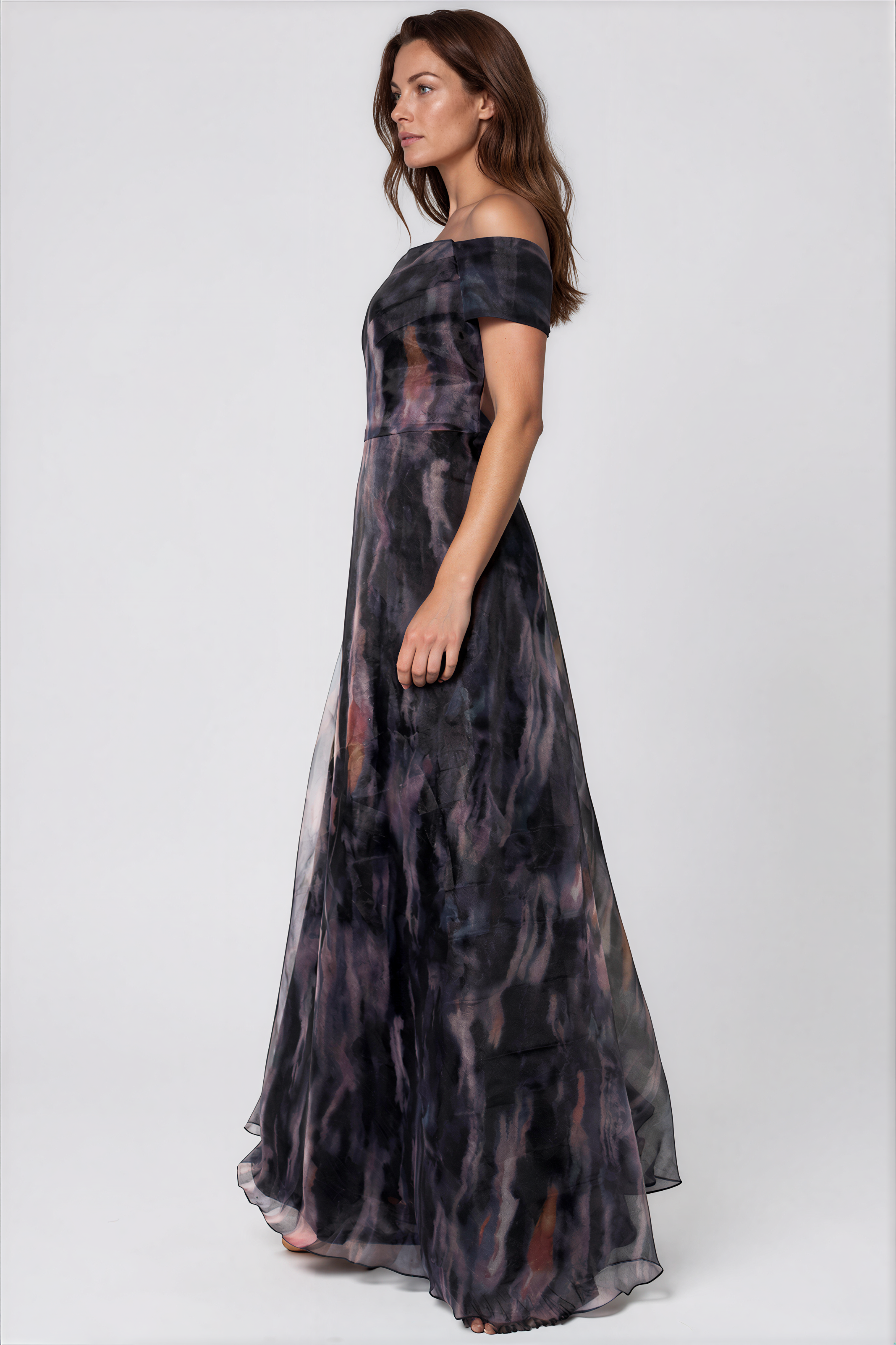 Off The Shoulder Printed Organza A-Line Gown Gown Rene Ruiz Collection