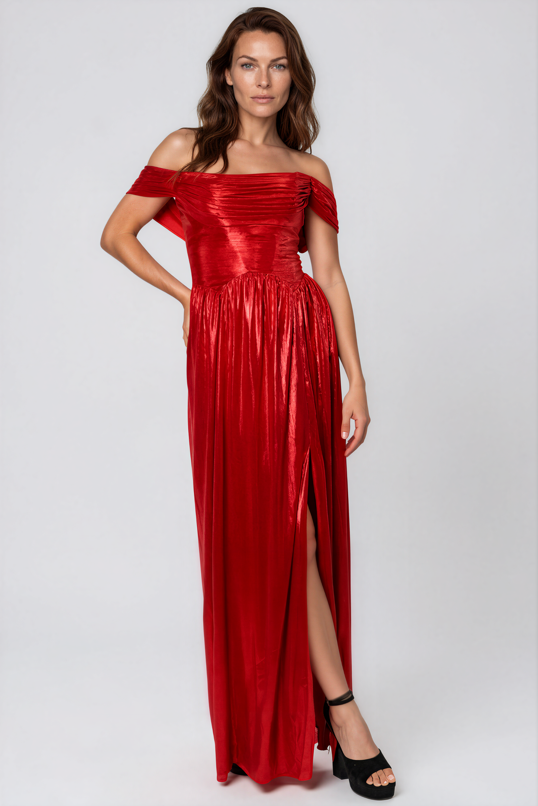 Off The Shoulder Metallic Knit A-Line Gown