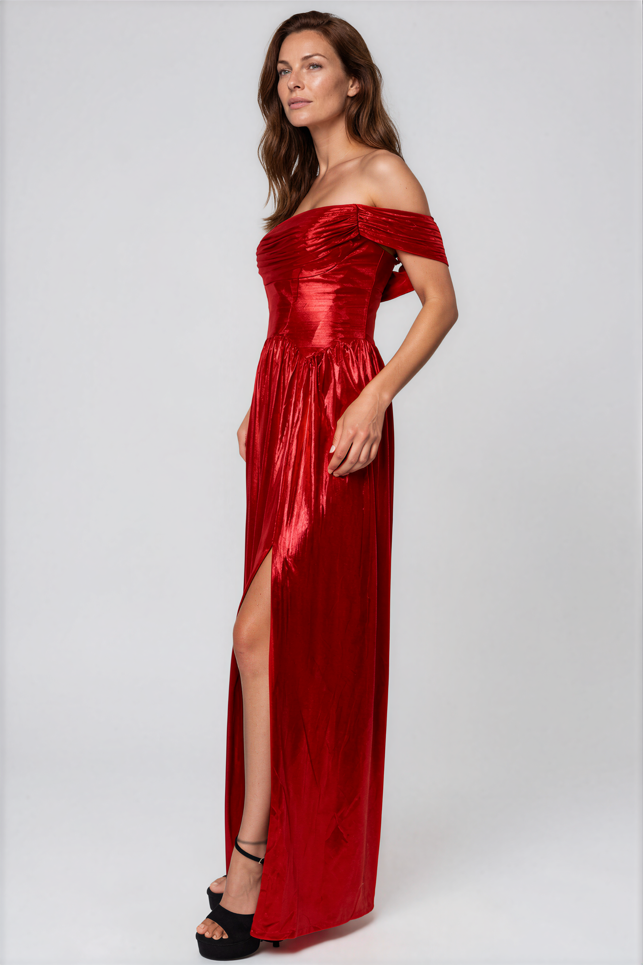 Off The Shoulder Metallic Knit A-Line Gown Gown Rene Ruiz Collection
