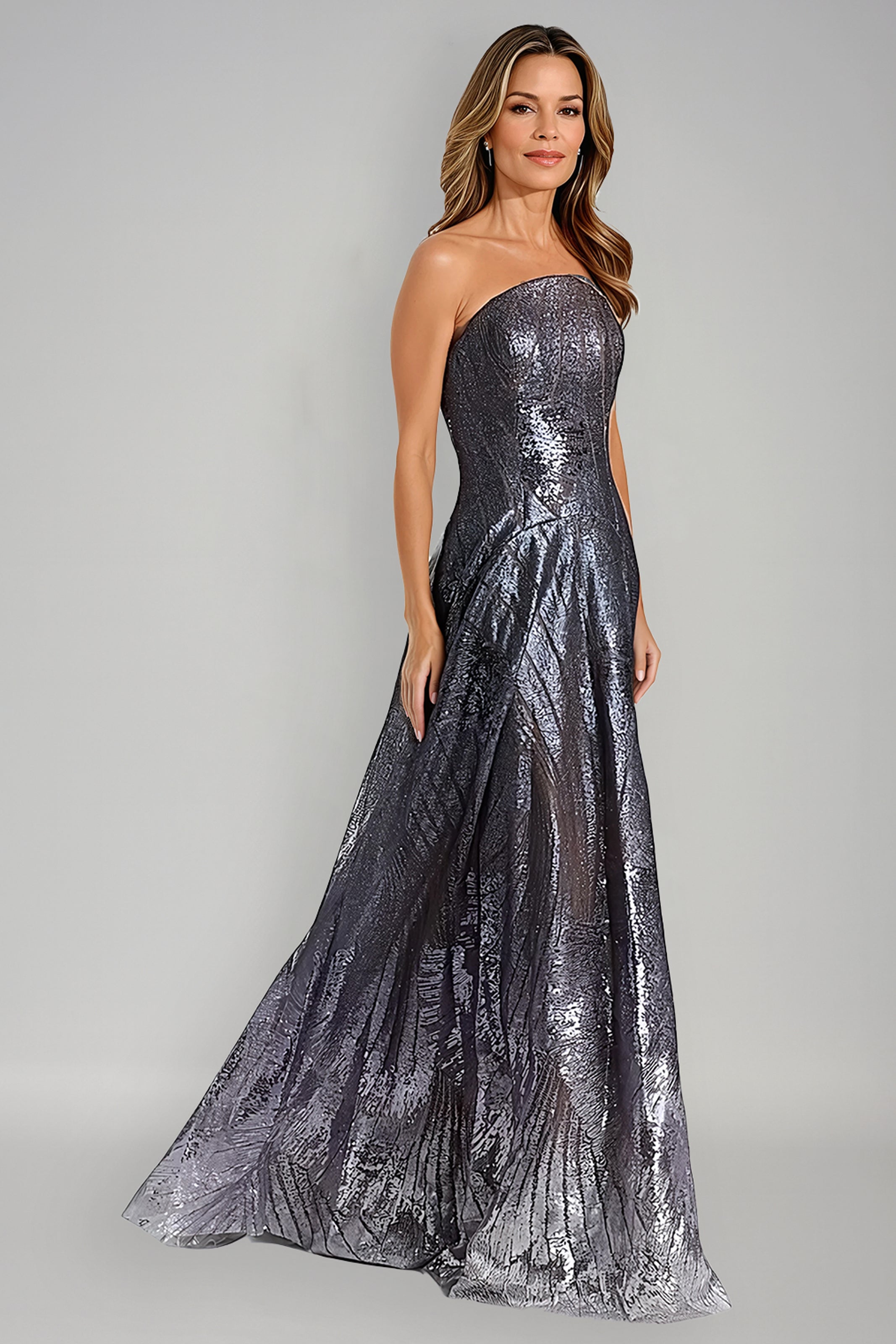 Sequin Embroidered A-Line Strapless Gown Gown Rene Ruiz Collection