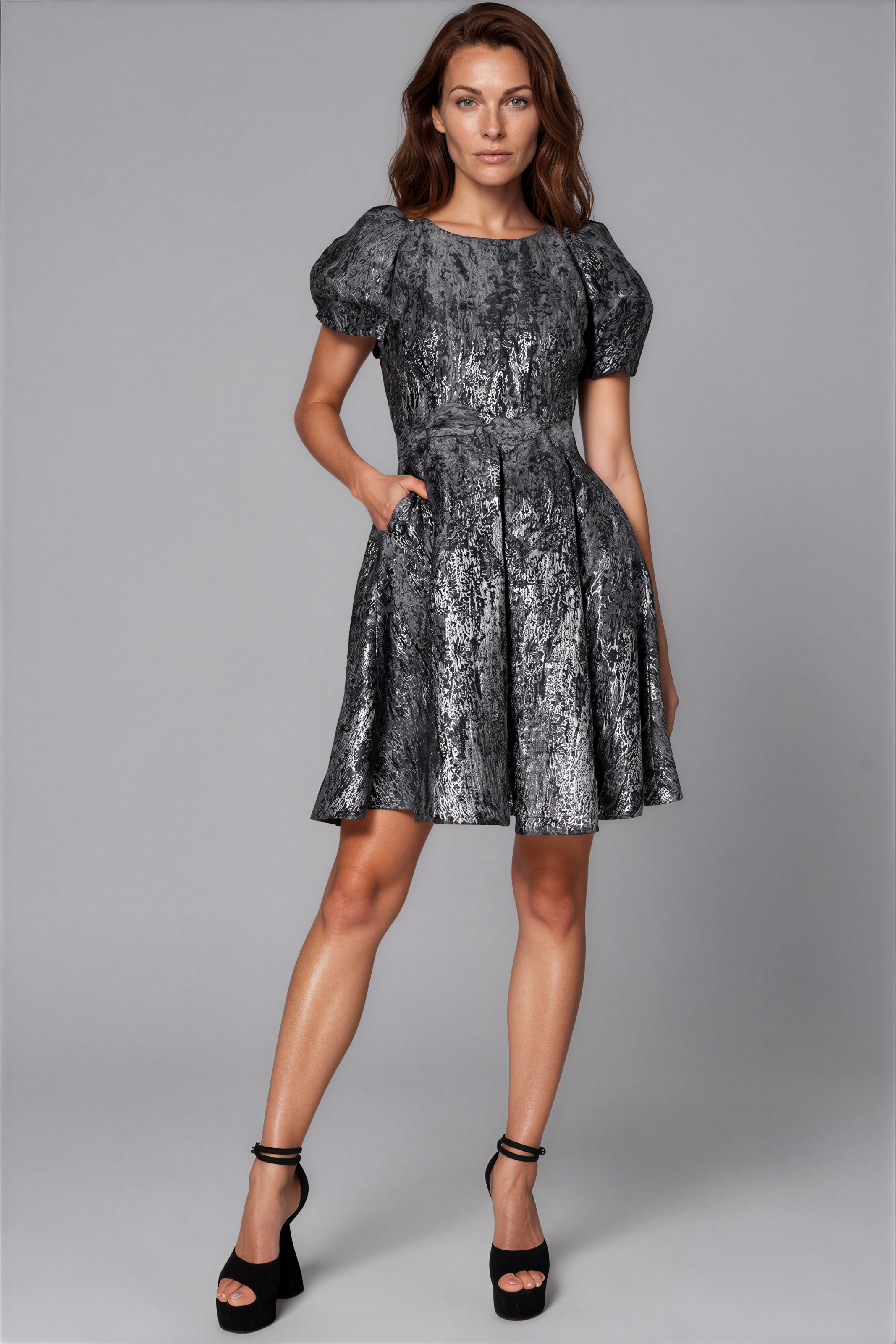 Puff Sleeve A-line Brocade Cocktail Cocktail Rene Ruiz Collection