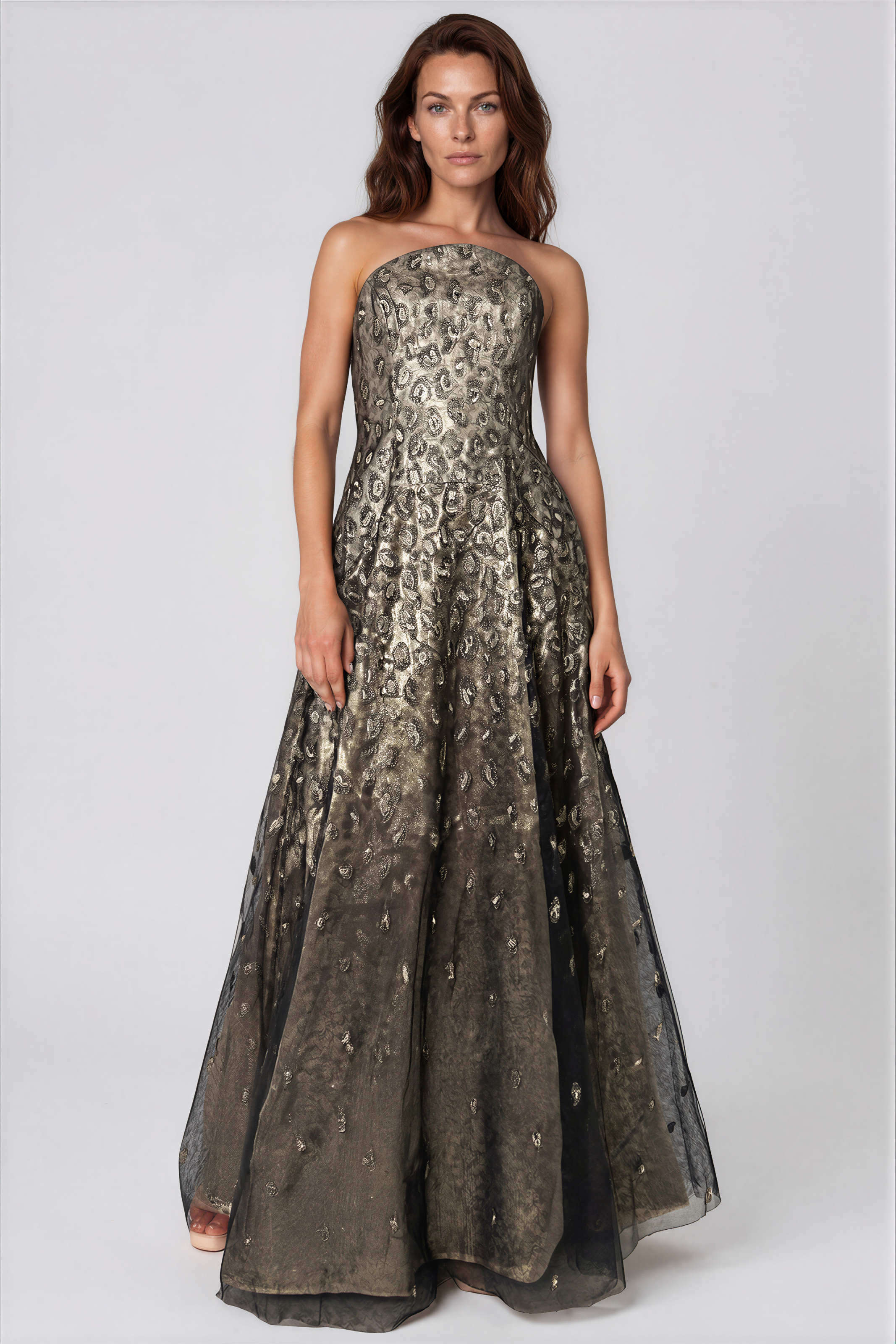 Strapless Embroidered Tulle A-Line Gown