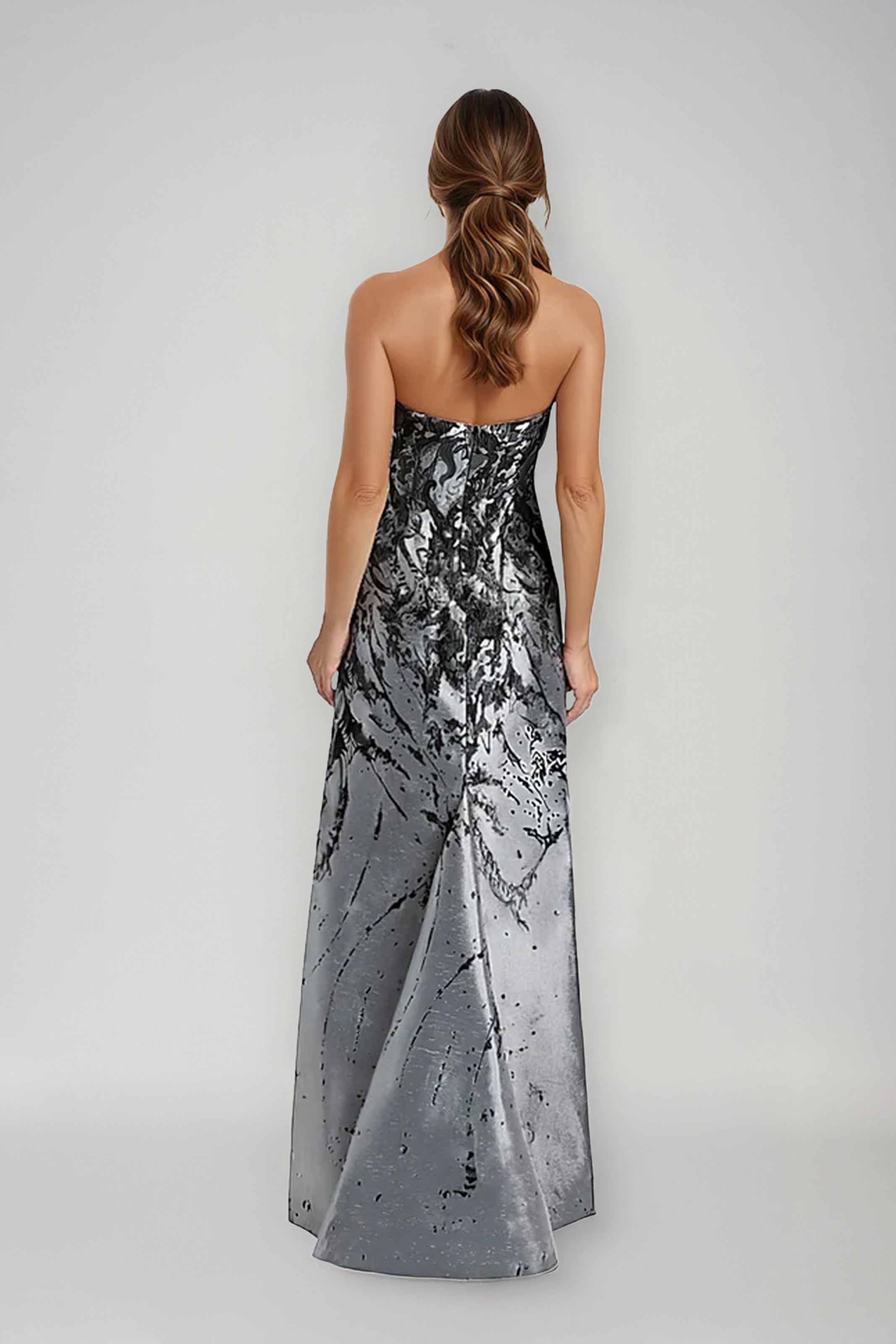 Swoop Neck Brocade Strapless A-Line Gown Gown Rene Ruiz Collection