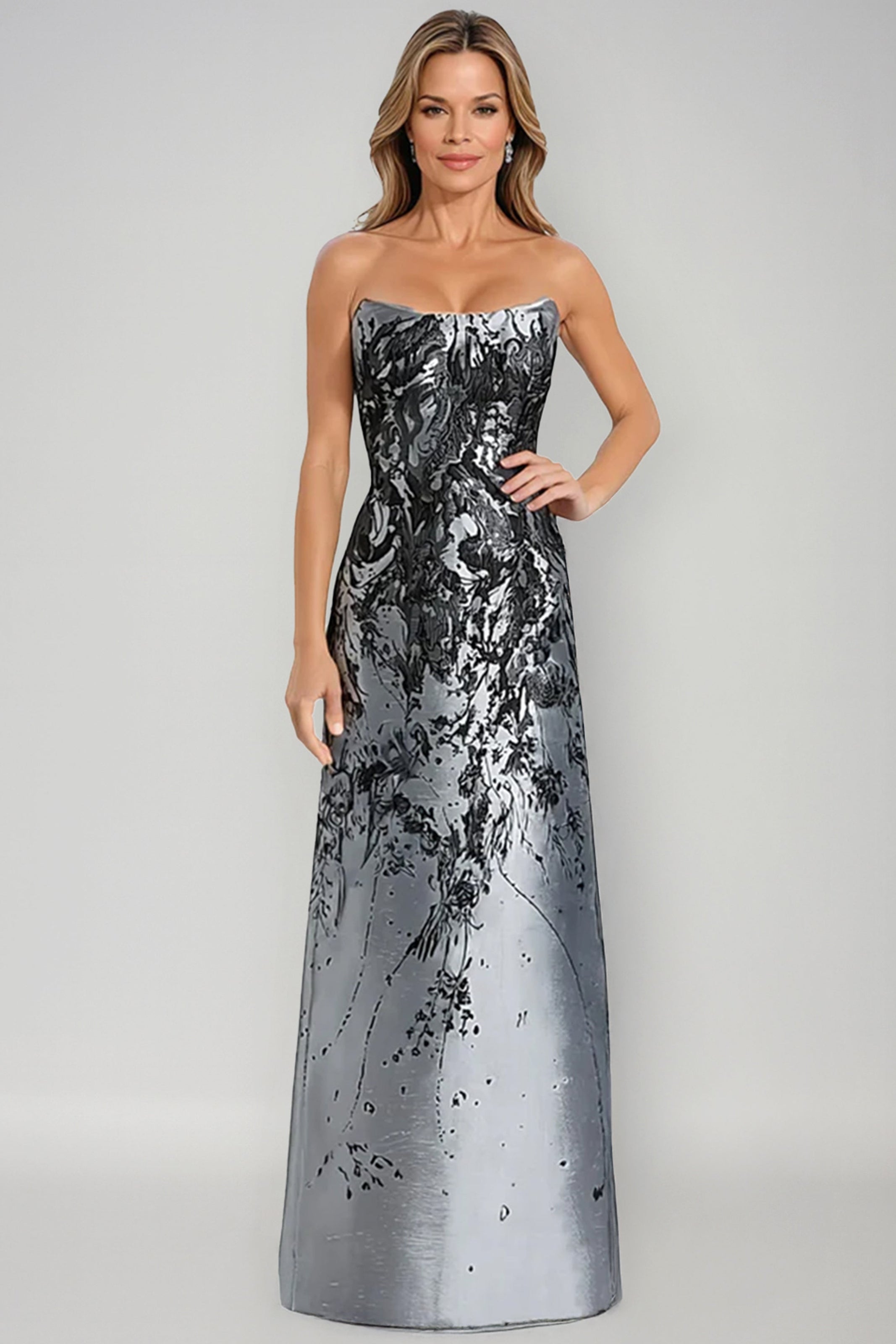 Swoop Neck Brocade Strapless Column Gown