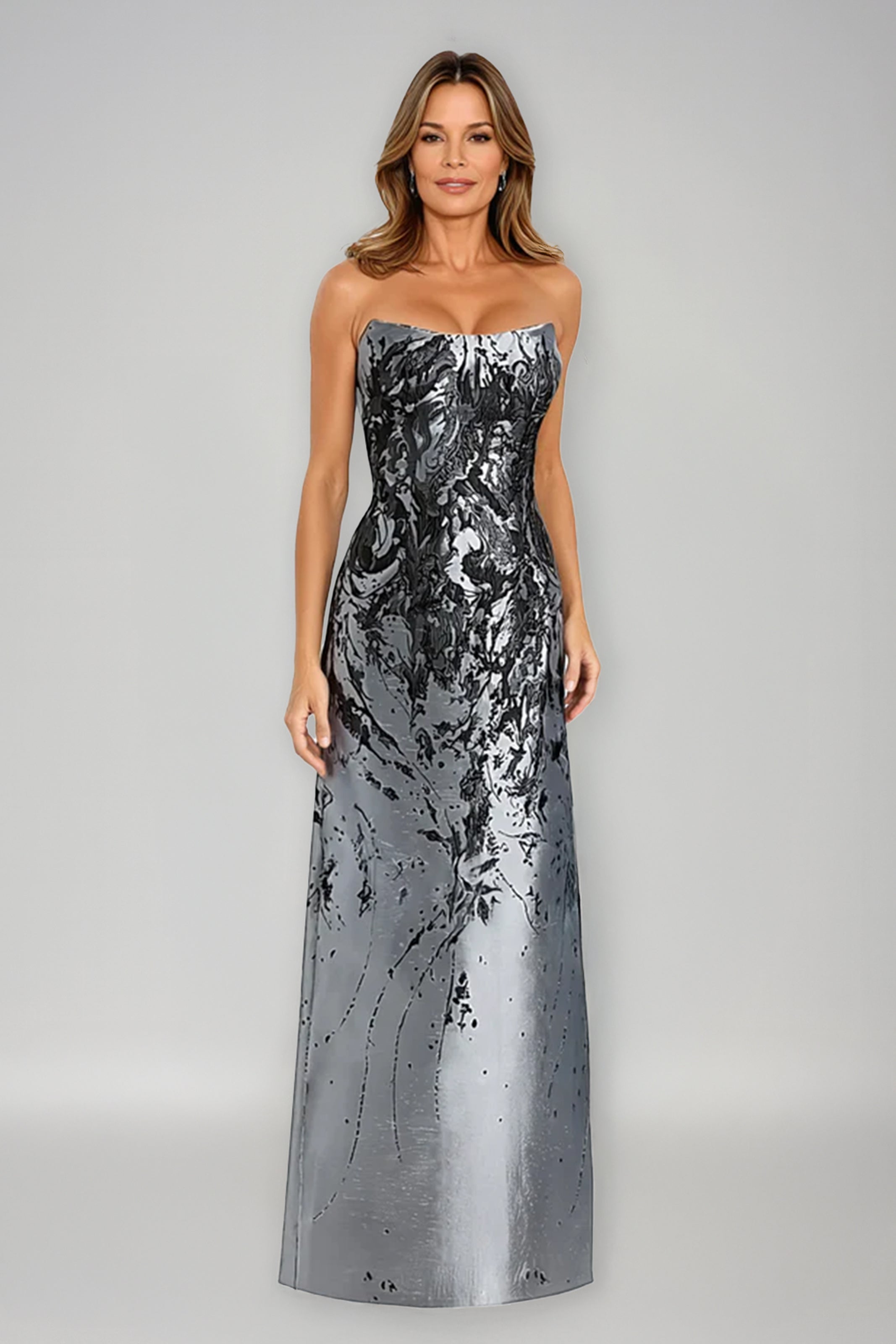 Swoop Neck Brocade Strapless A-Line Gown Gown Rene Ruiz Collection