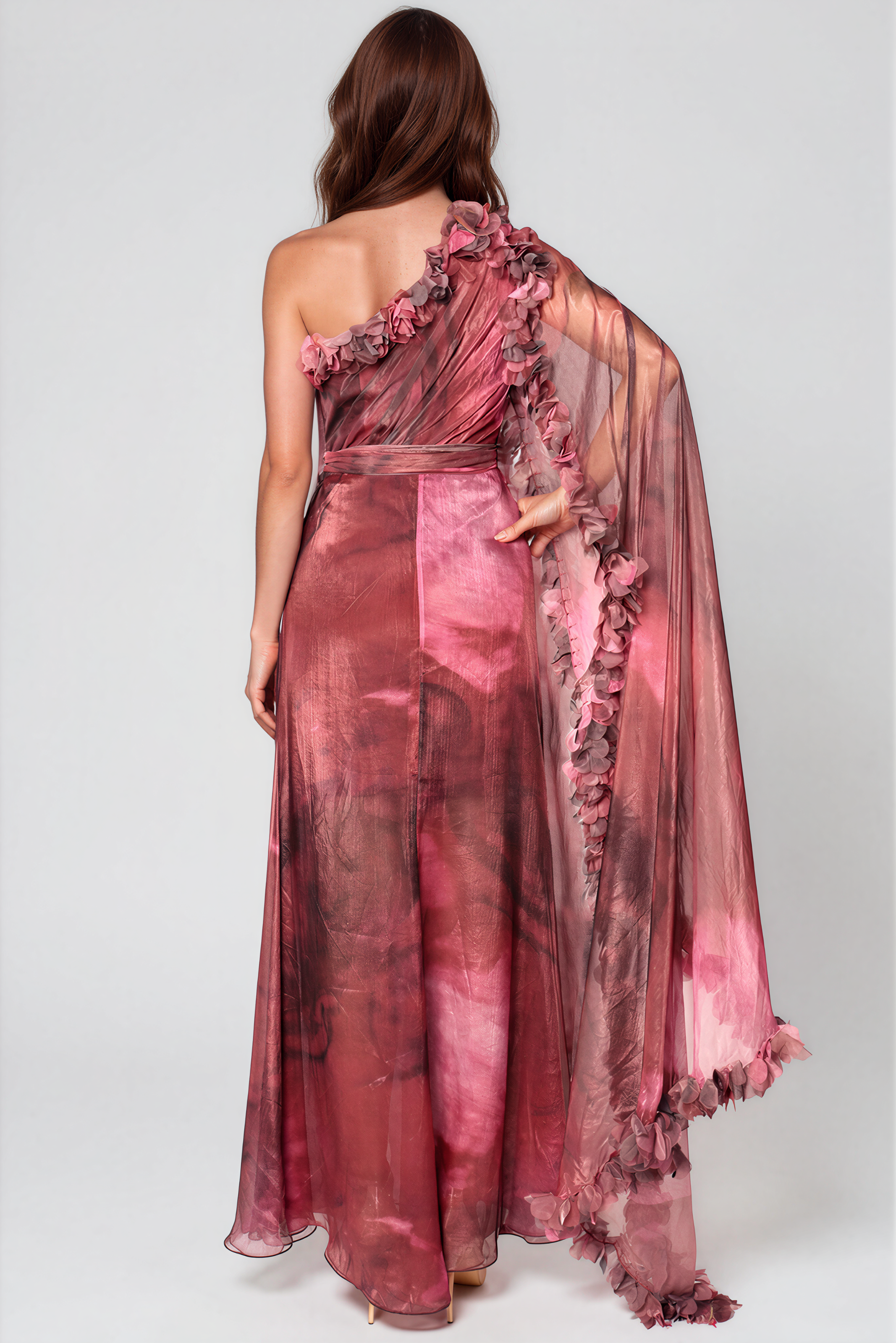 One Shoulder Chiffon Cape Sleeve Gown Gown Rene Ruiz Collection