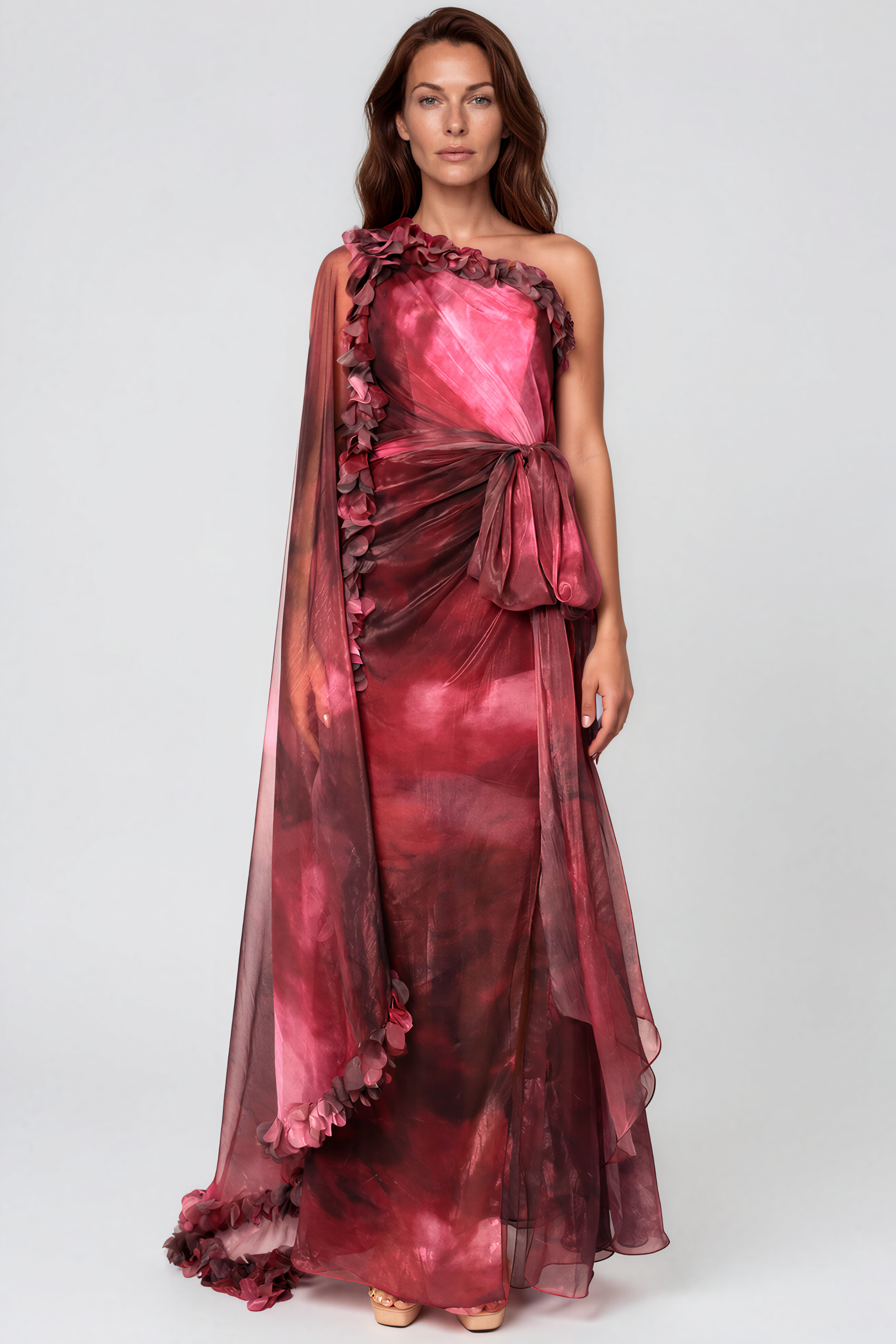 One Shoulder Chiffon Cape Sleeve Gown Gown Rene Ruiz Collection