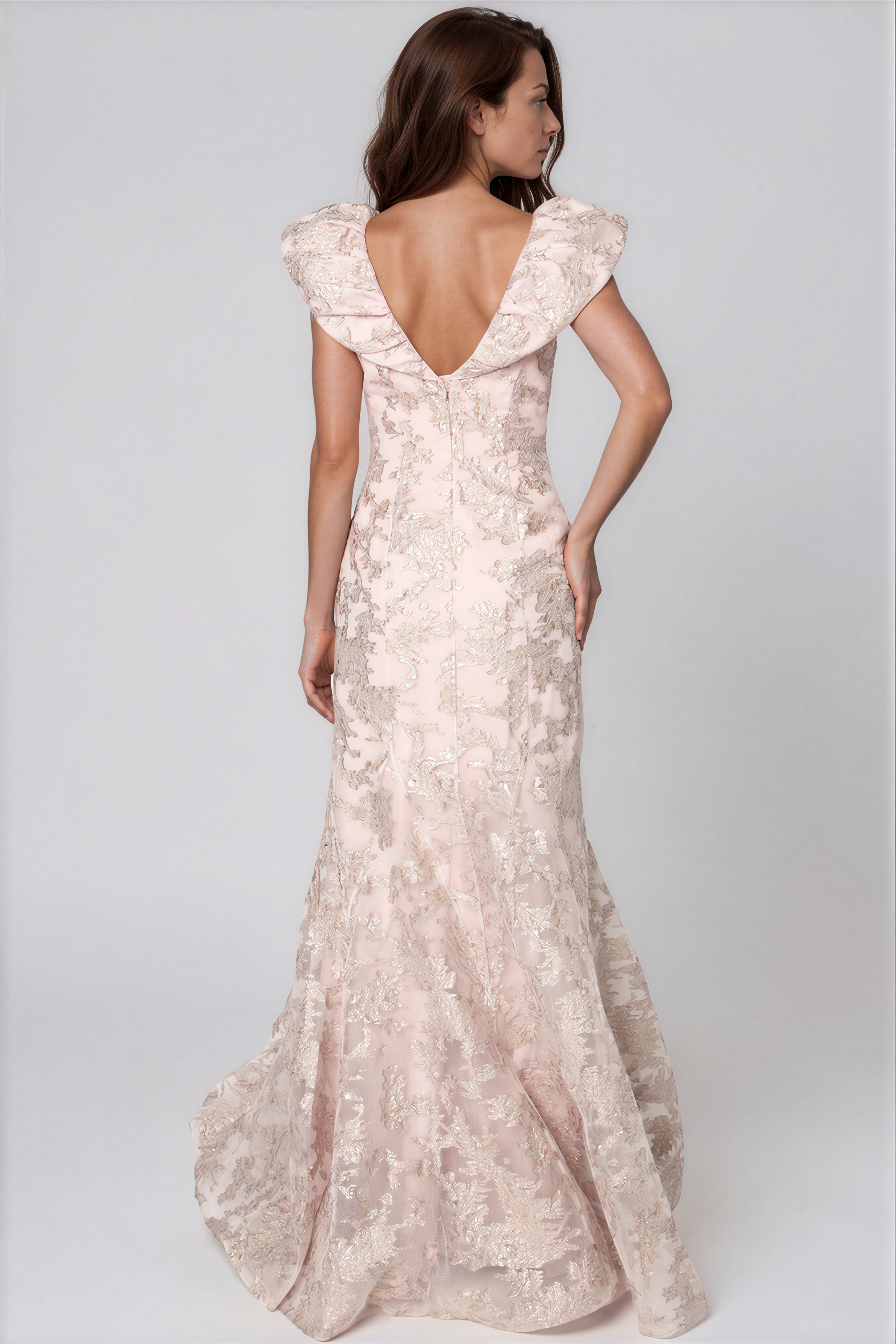 Puff Collar V Neck Brocade Fit and Flare Gown