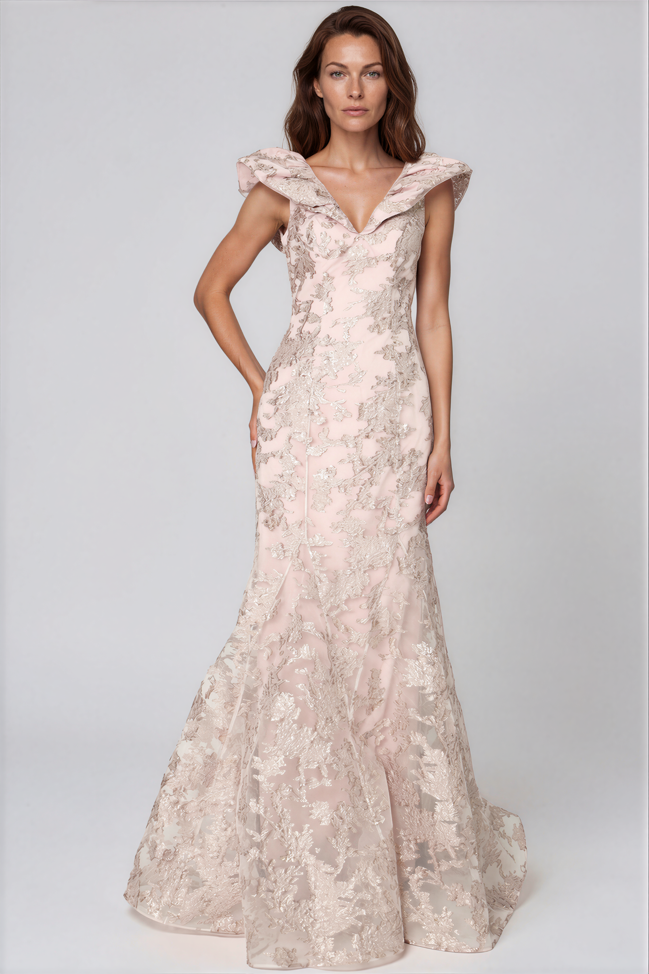 Puff Collar V Neck Brocade Fit and Flare Gown