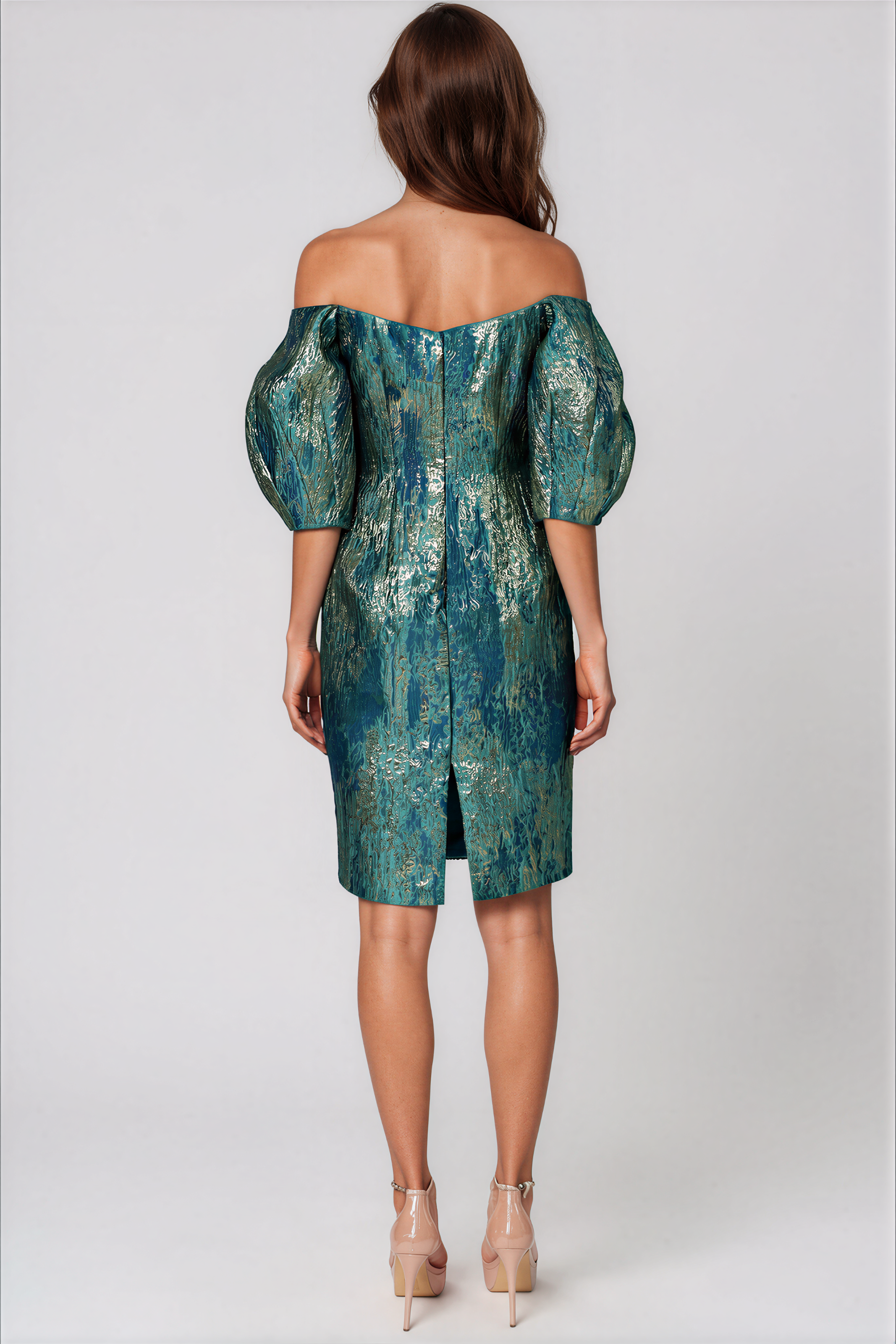 Off the Shoulder Puff Sleeve Brocade Cocktail Cocktail Rene Ruiz Collection