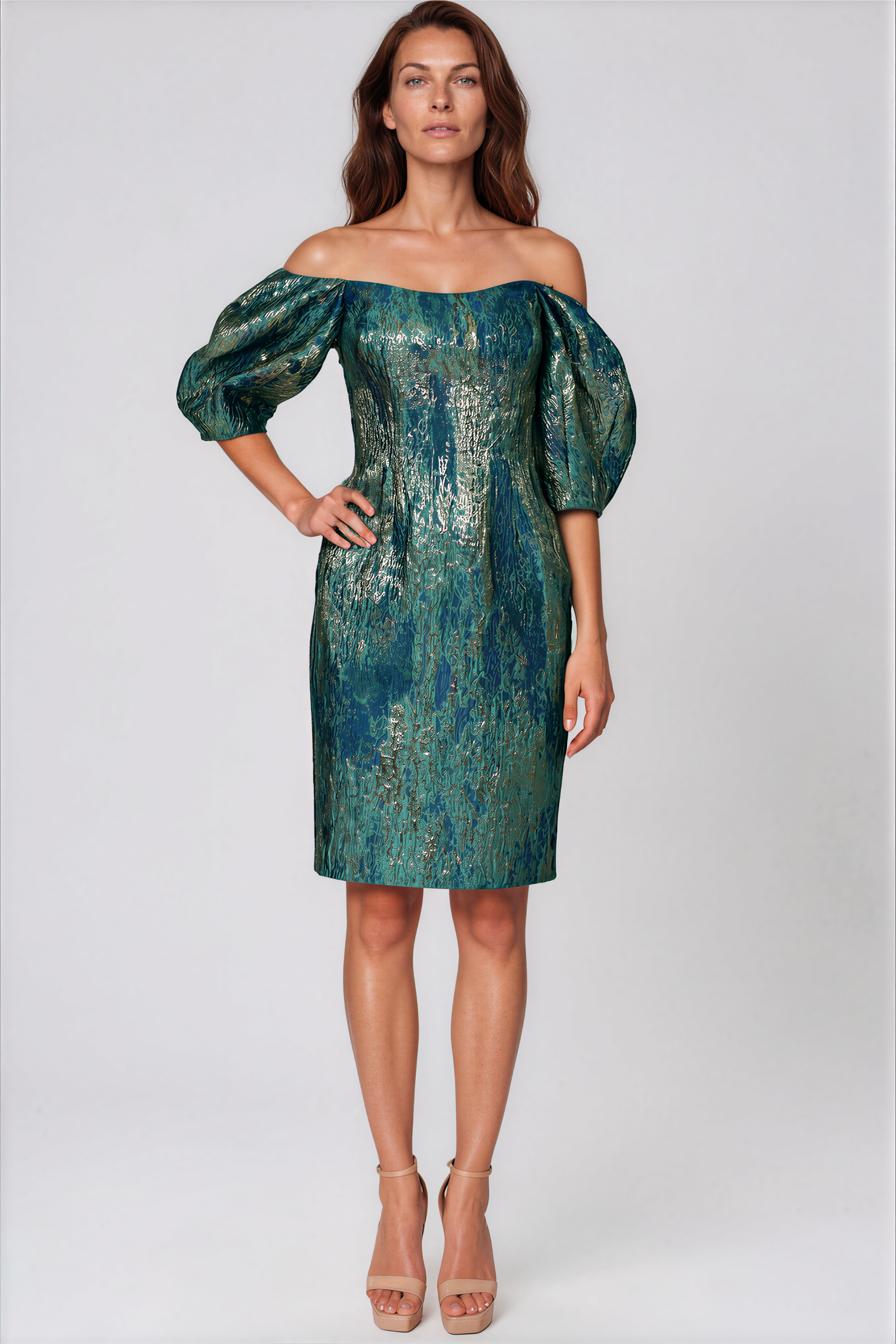 Off the Shoulder Puff Sleeve Brocade Cocktail Cocktail Rene Ruiz Collection