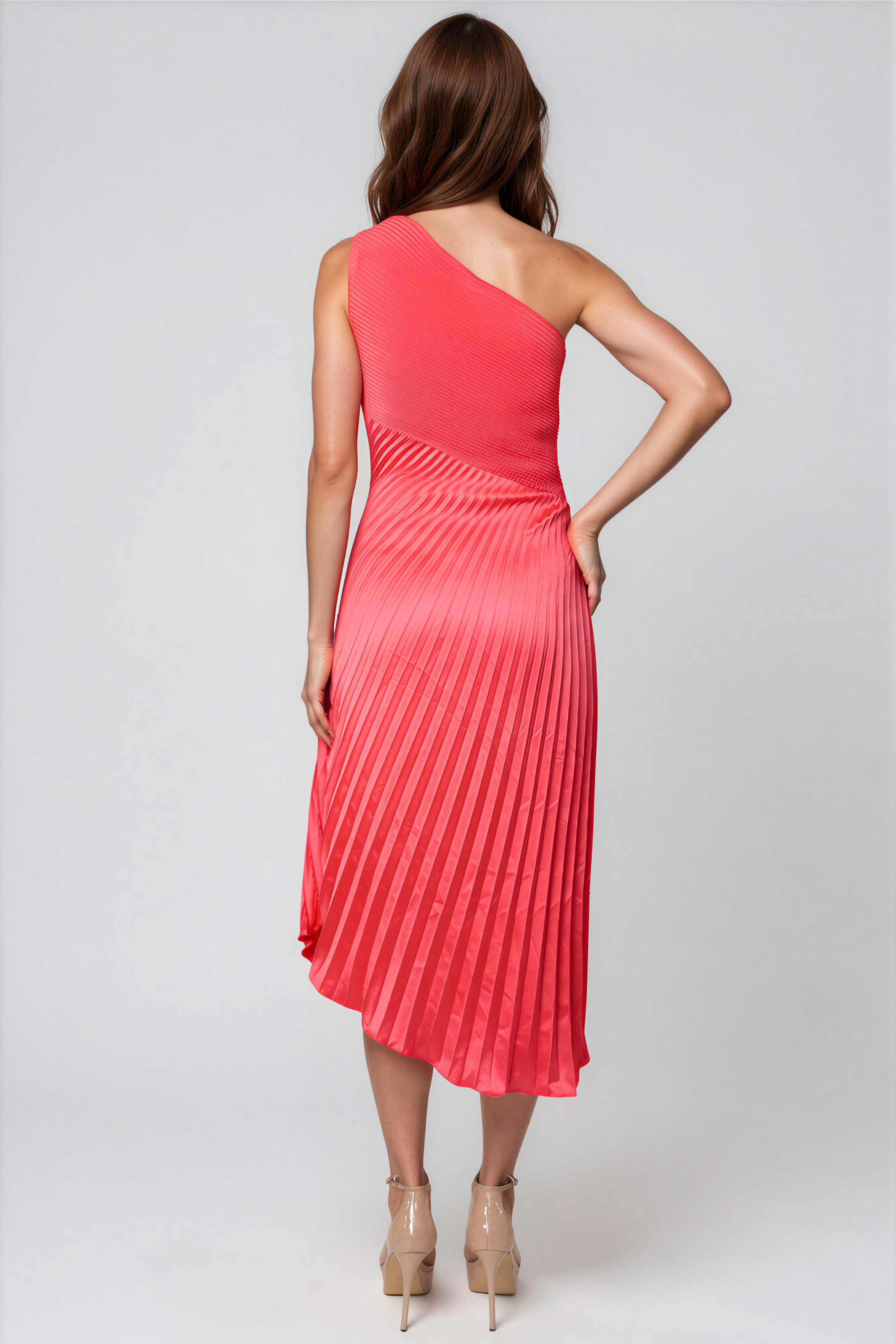 One Shoulder Pleated Asymmetric Hem Cocktail Cocktail Rene Ruiz Collection