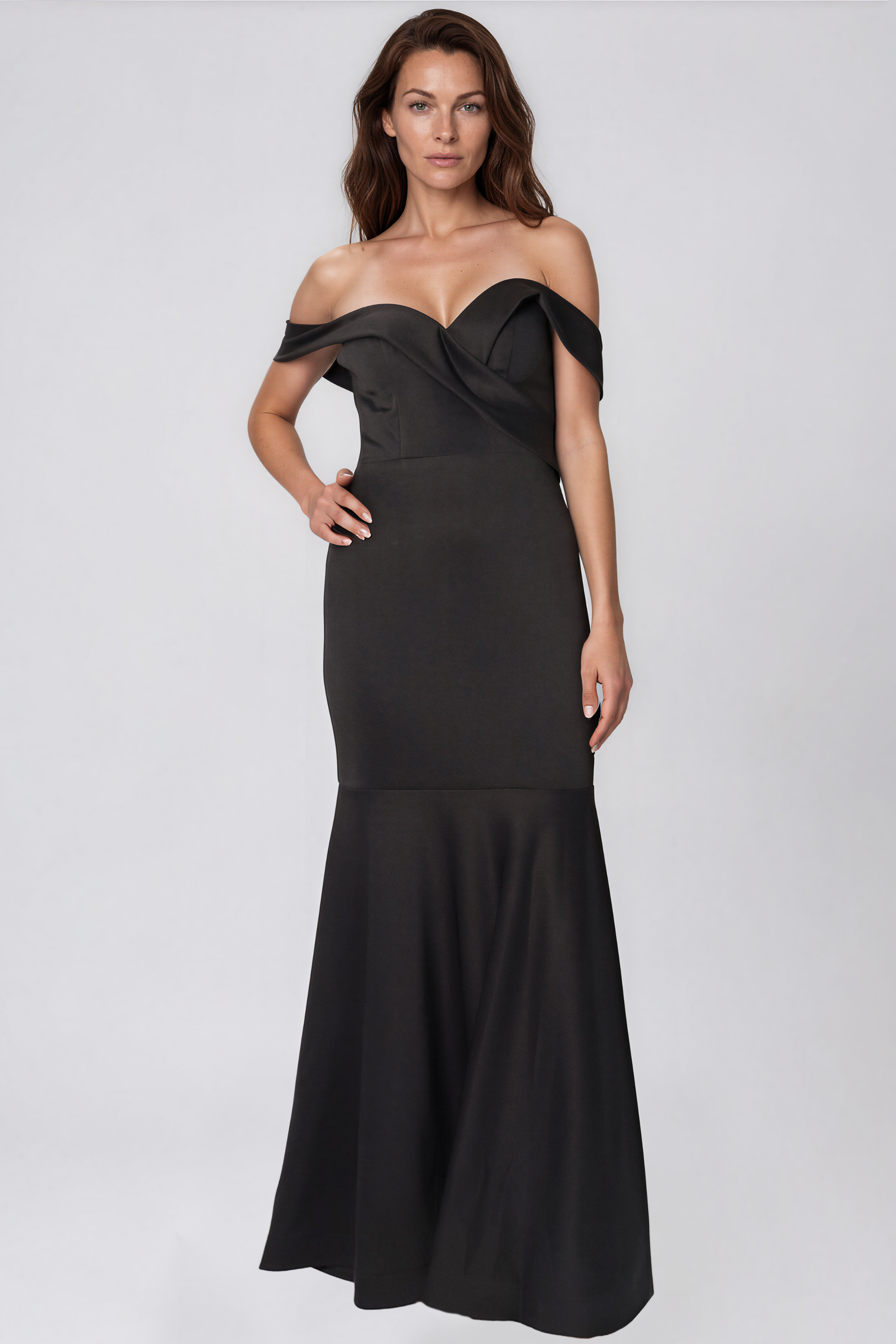 Off The Shoulder Sweetheart Neck Mermaid Crepe Gown Gown Rene Ruiz Collection 0 Black