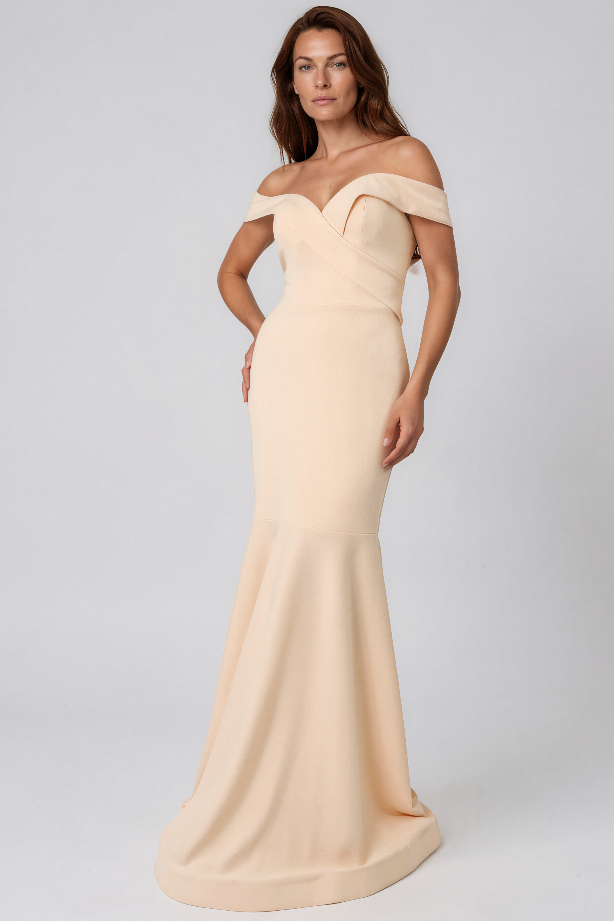 Off The Shoulder Sweetheart Neck Mermaid Crepe Gown Gown Rene Ruiz Collection
