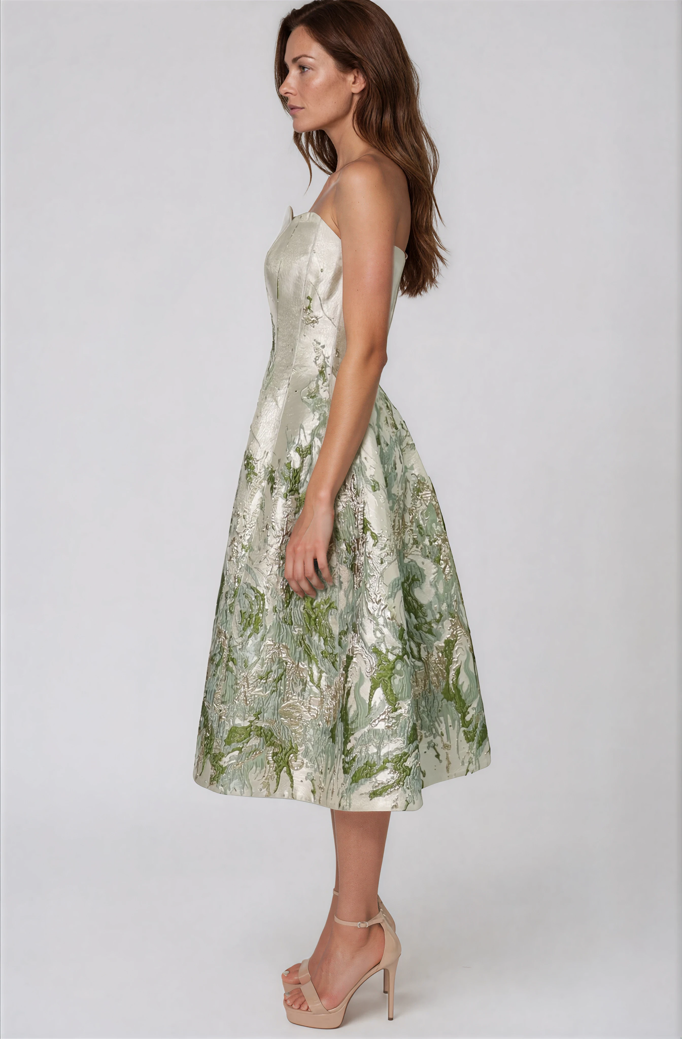 Strapless Scalloped Brocade Cocktail Midi Cocktail Rene Ruiz Collection
