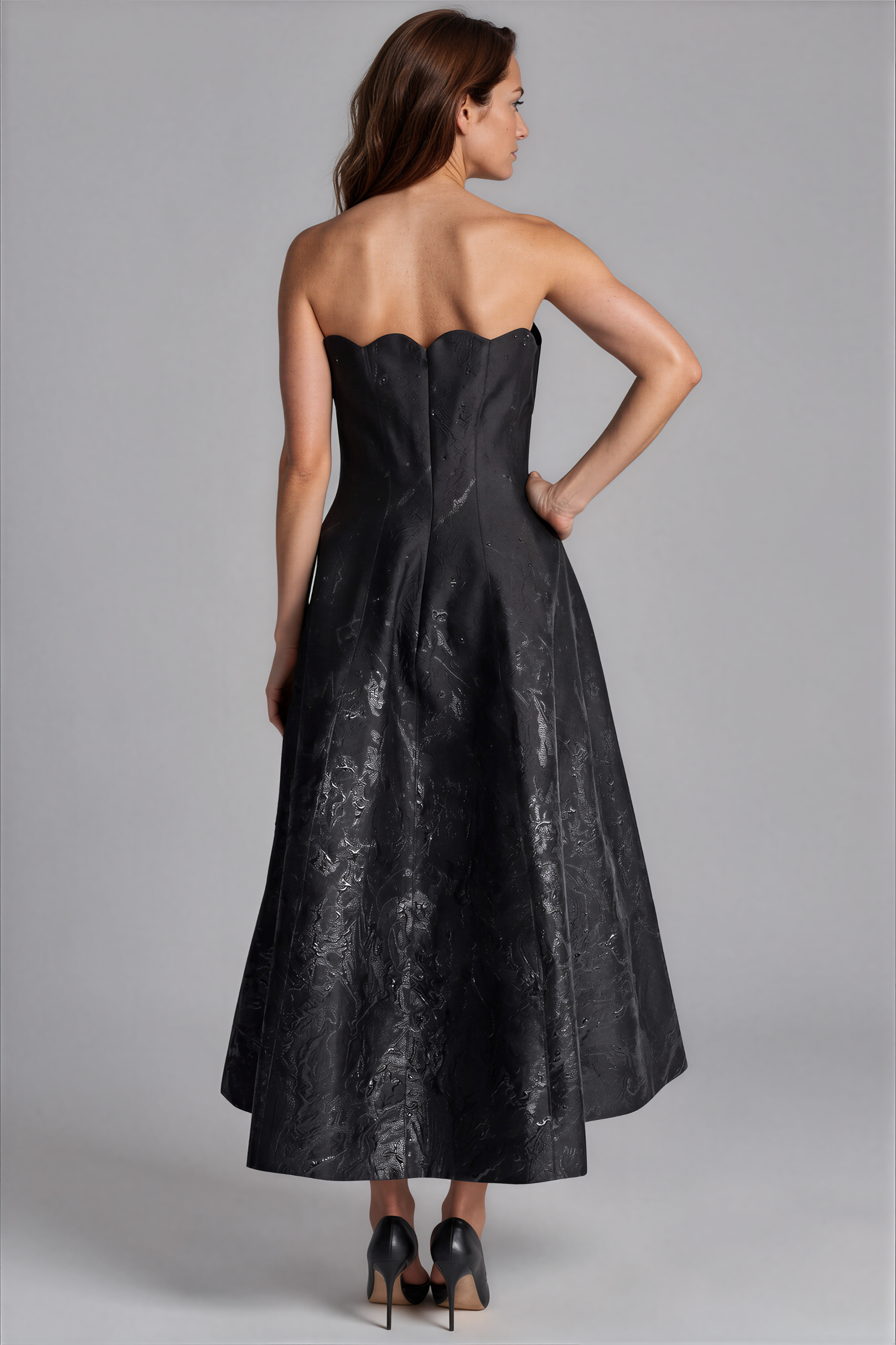 Strapless Scalloped Brocade Cocktail Midi