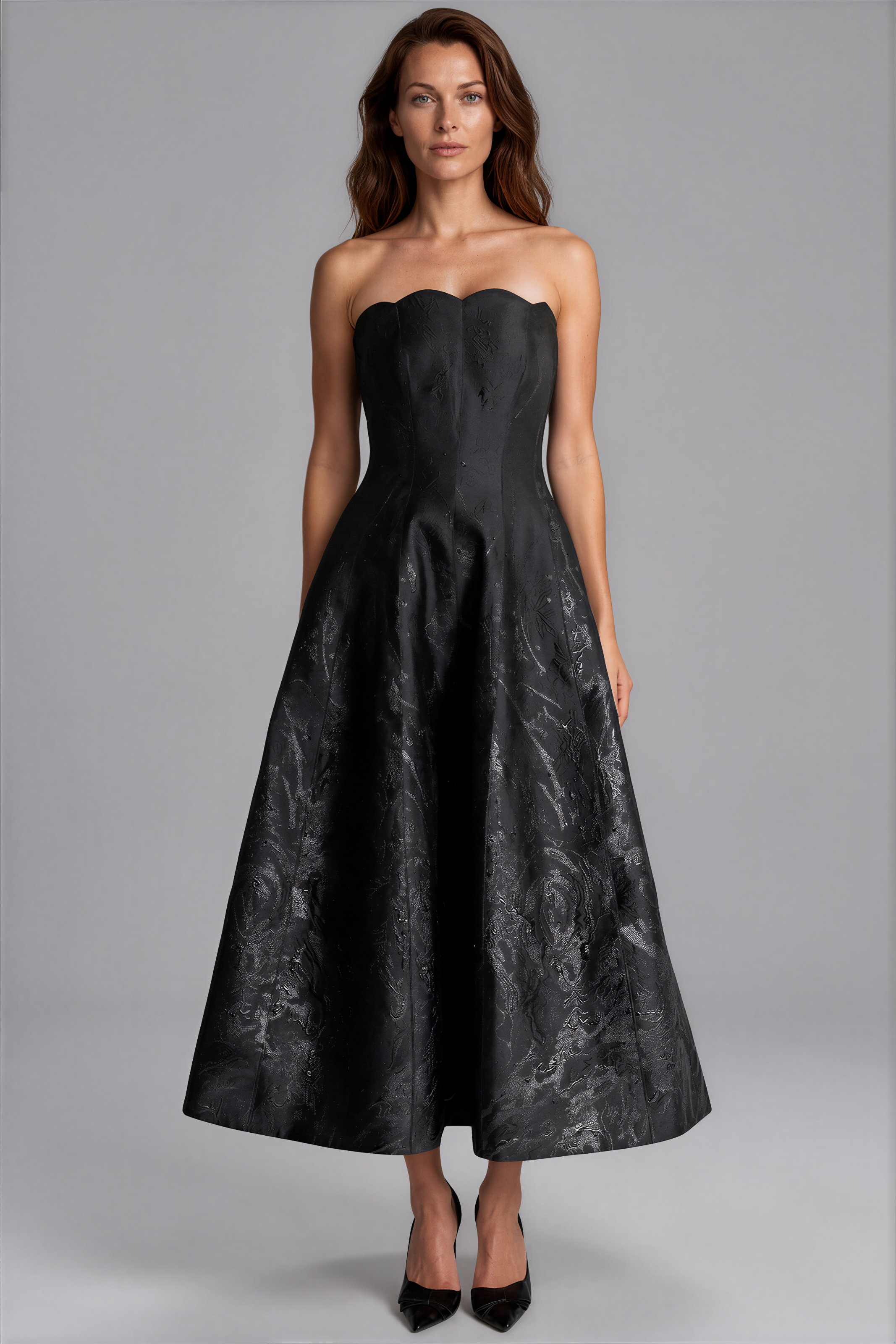 Strapless Scalloped Brocade Cocktail Midi
