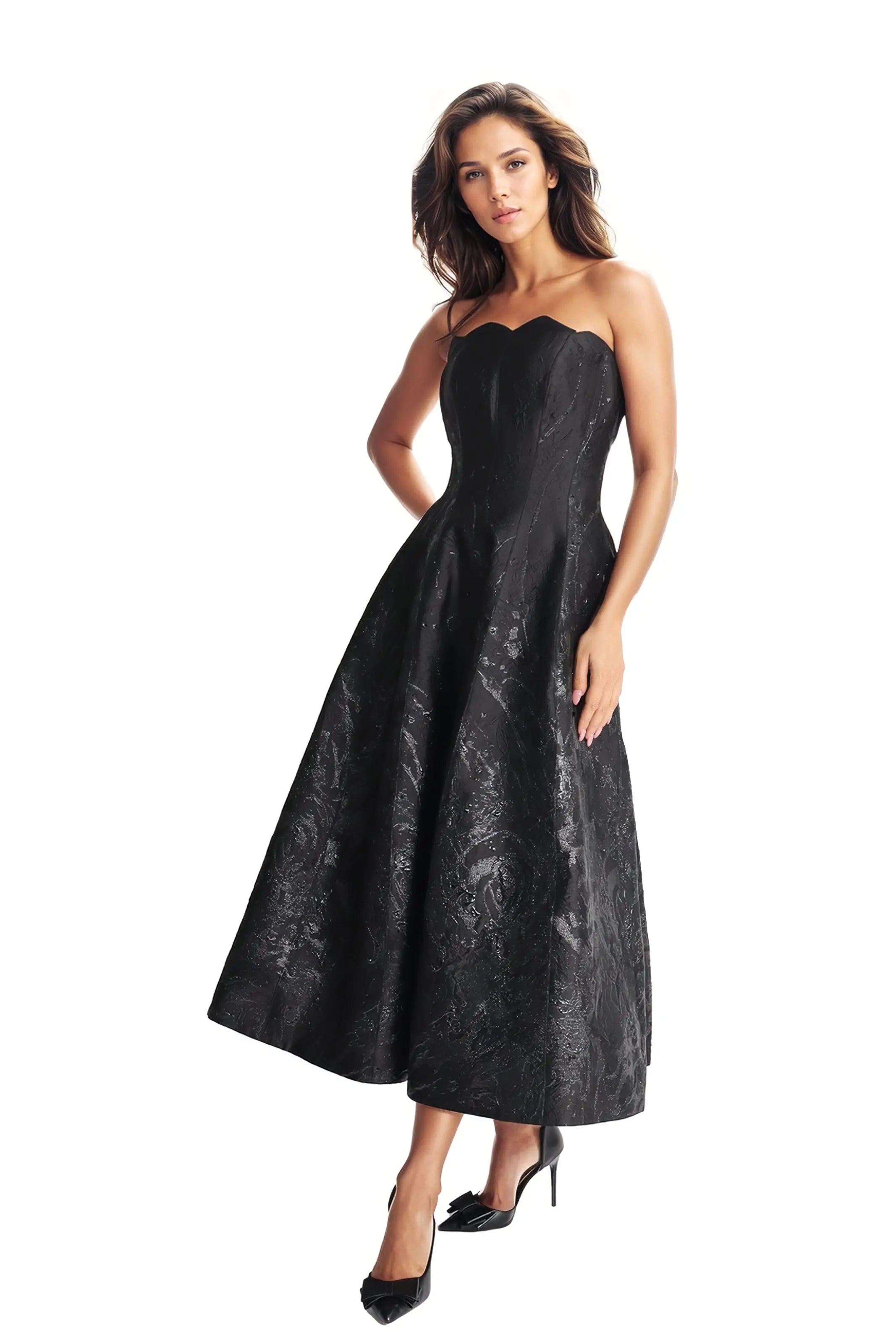 Strapless Scalloped Brocade Cocktail Midi  