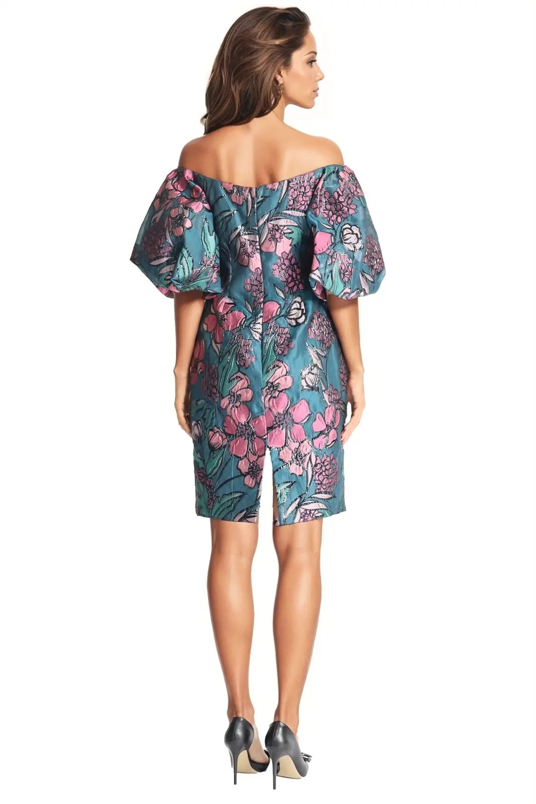 Off The Shoulder Puff Sleeve Brocade Cocktail  
