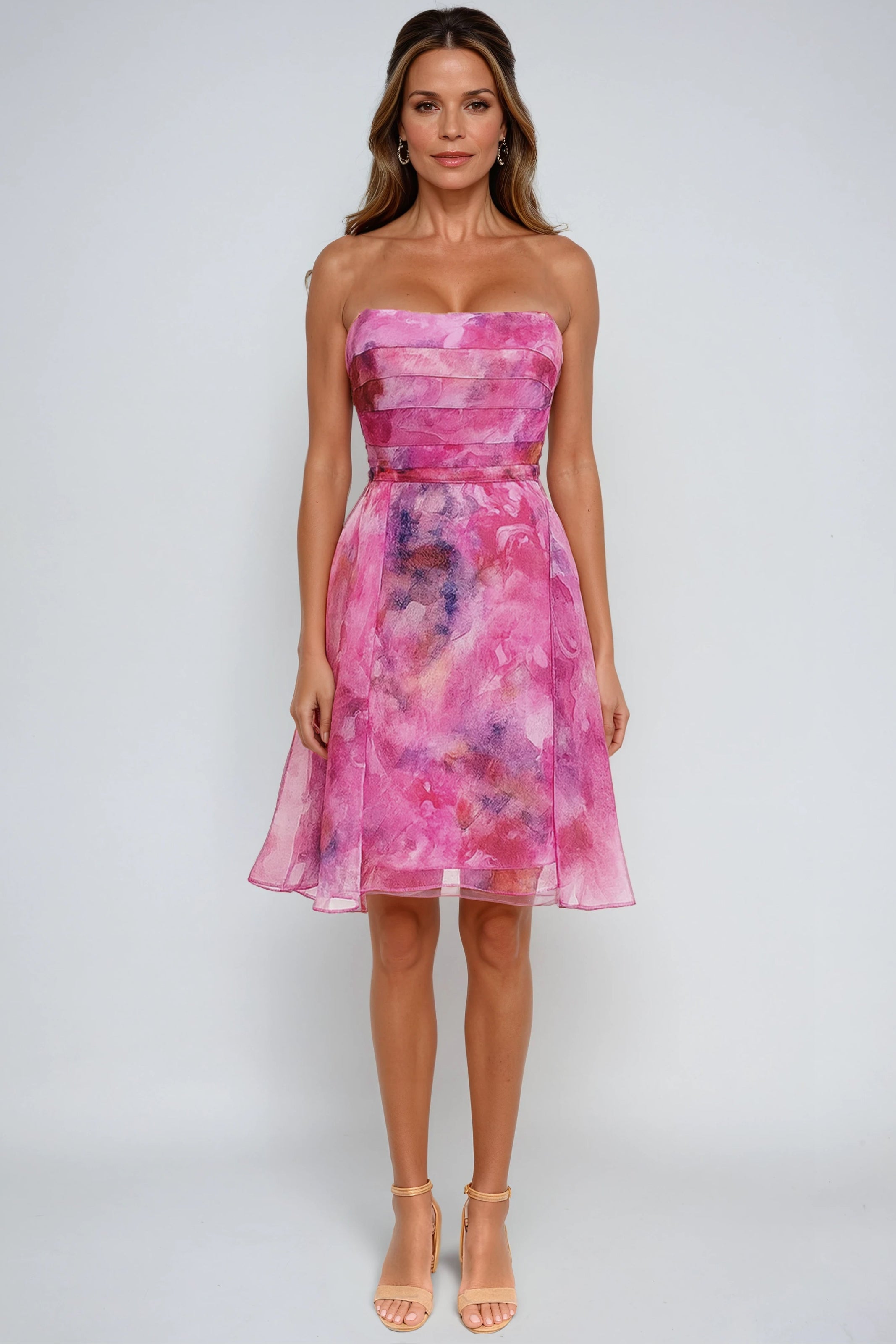 Strapless Pleated Printed Organza A-Line Cocktail Cocktail Rene Ruiz Collection