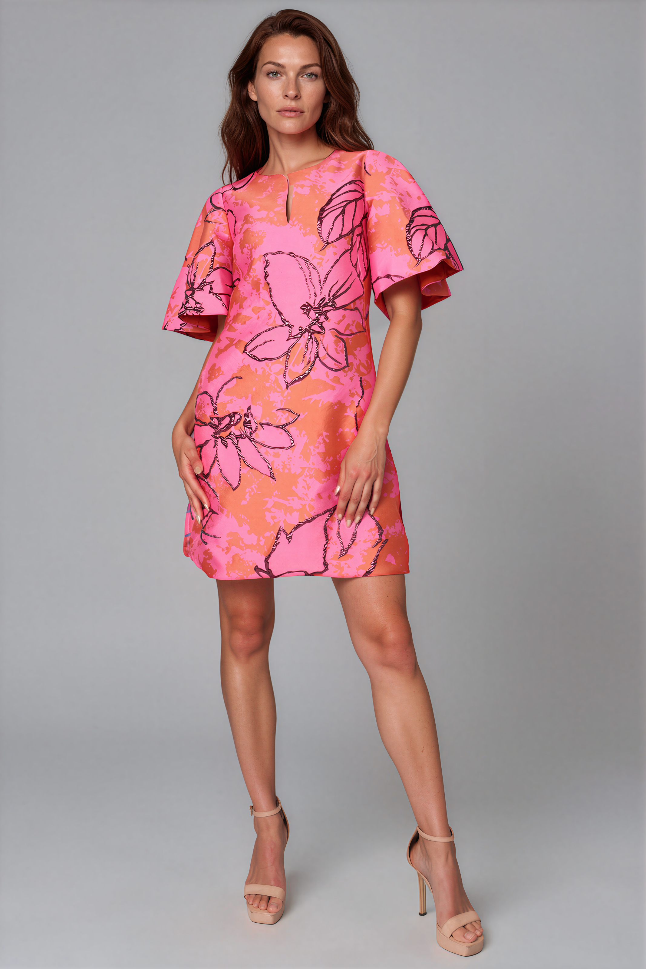 Floral Brocade Flare Sleeve A-line Cocktail