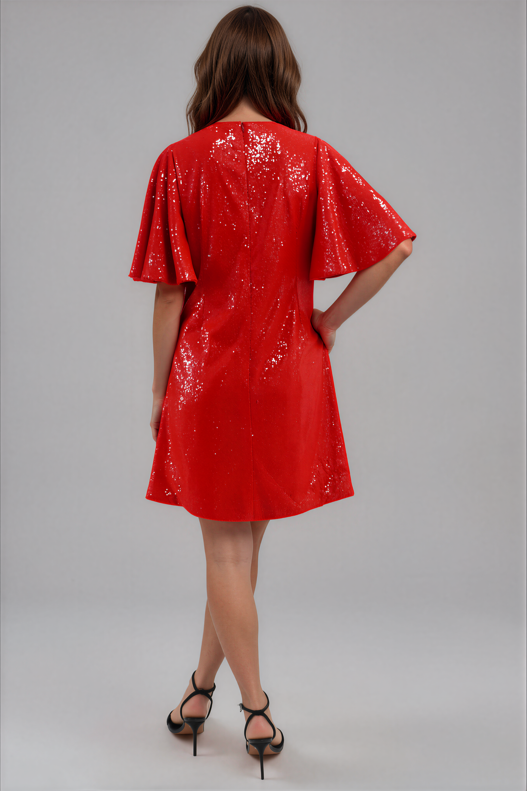 V Neck Flare Sleeve Sequin A-Line Cocktail Cocktail Rene Ruiz Collection