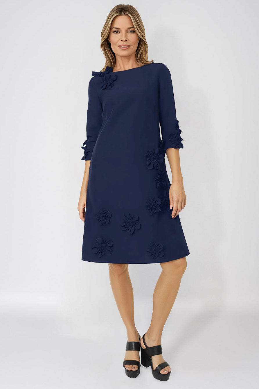 3/4 Sleeve Crepe Floral Applique A-Line Cocktail Cocktail Rene Ruiz Collection