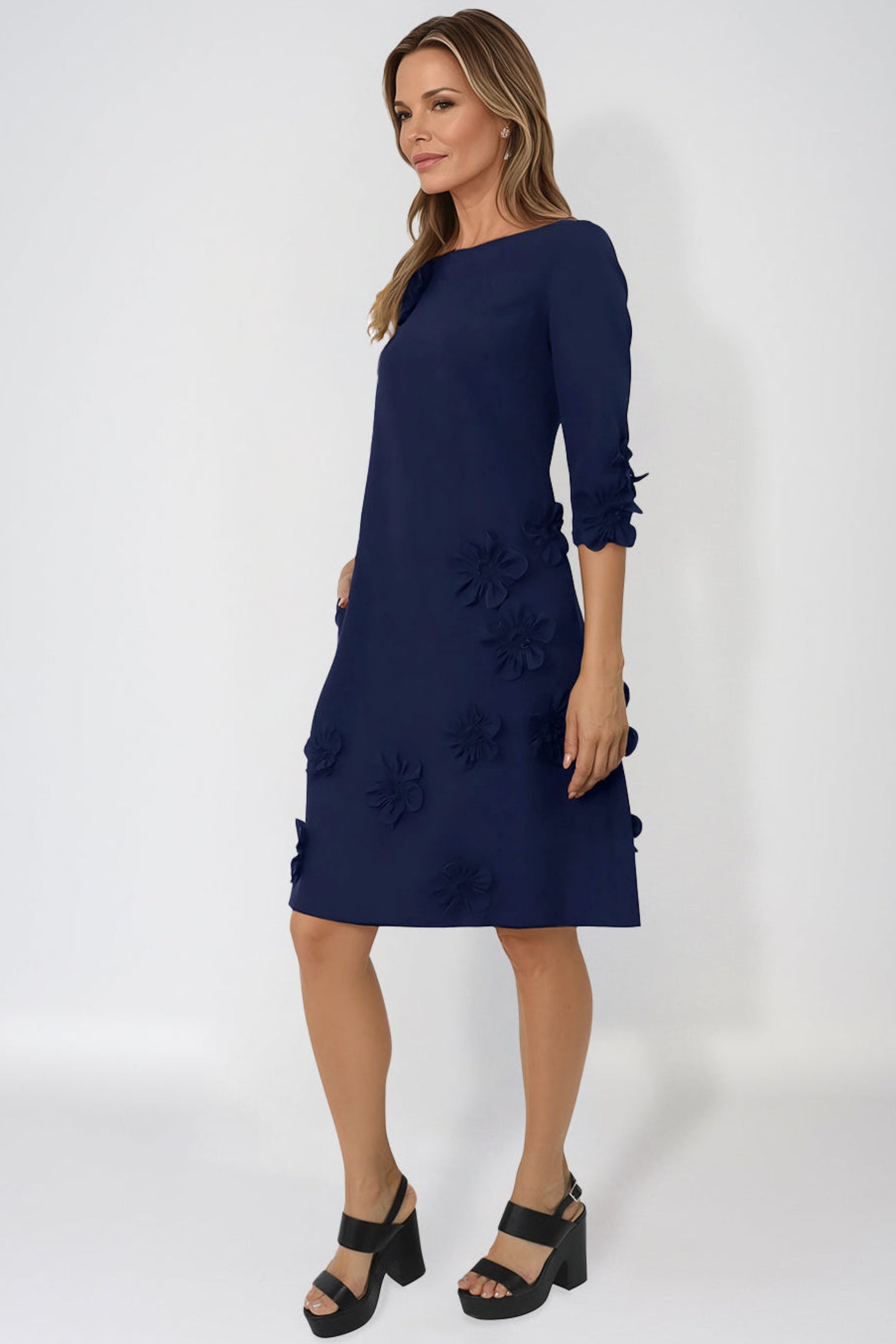 3/4 Sleeve Crepe Floral Applique A-Line Cocktail Cocktail Rene Ruiz Collection