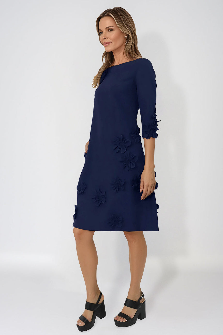 3/4 Sleeve Crepe Floral Applique A-Line Cocktail Cocktail Rene Ruiz Collection