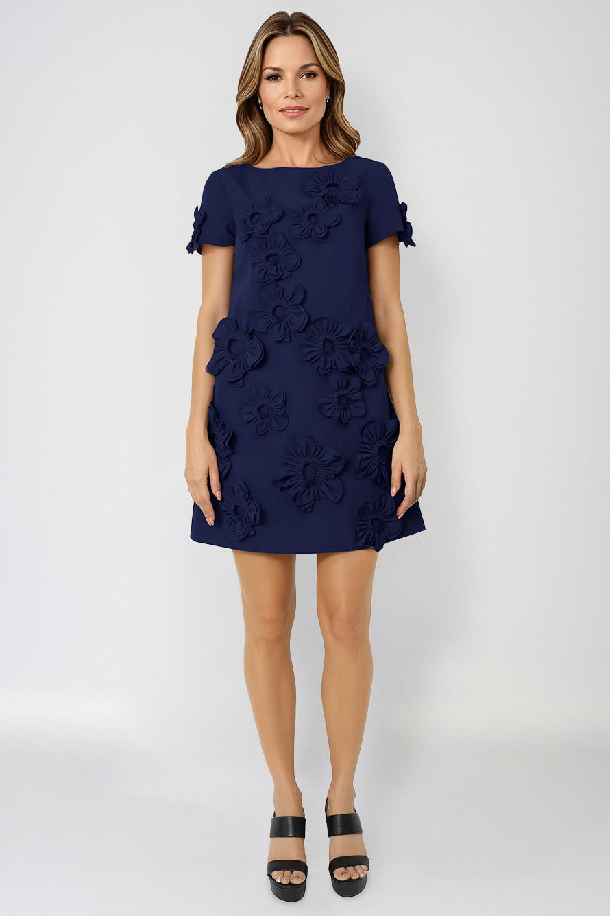 Short Sleeve Crepe Floral Applique Mini Cocktail Cocktail Rene Ruiz Collection