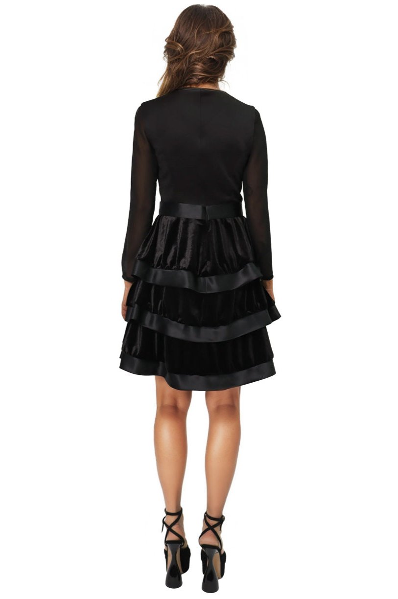 Long Sleeve Tiered Velvet Ruffle A-Line Cocktail