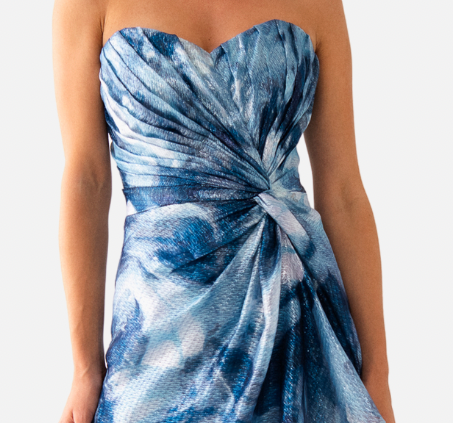 Blue Multi Strapless Sweetheart Gown Close Up