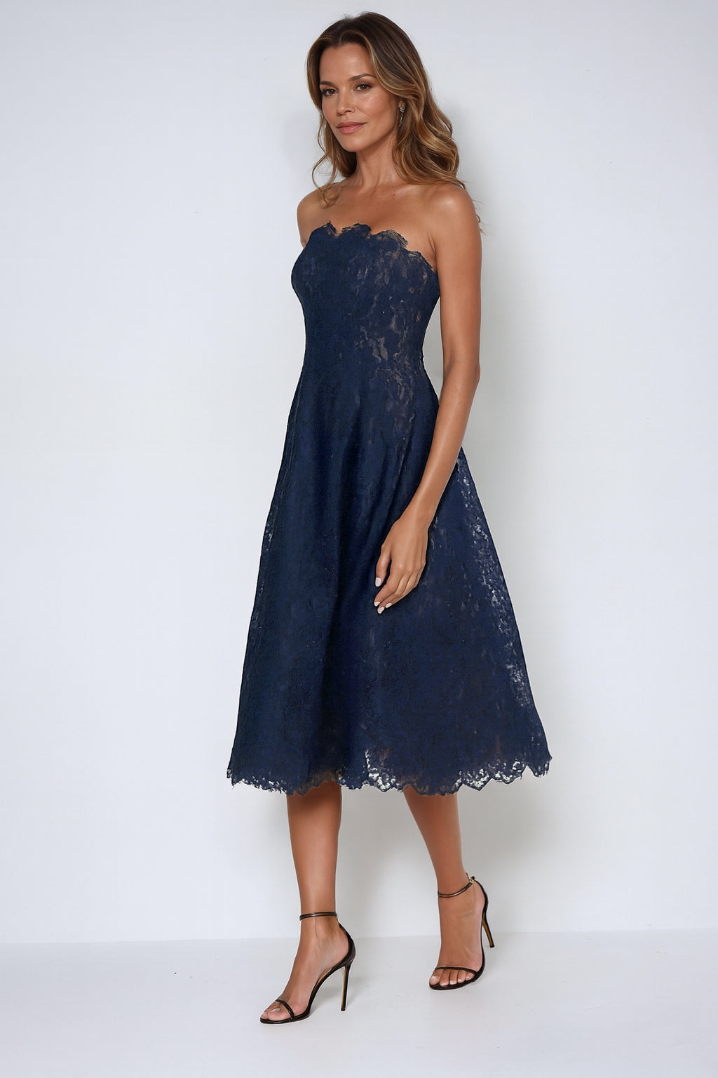Strapless Scalloped Lace Midi Cocktail Rene Ruiz Collection