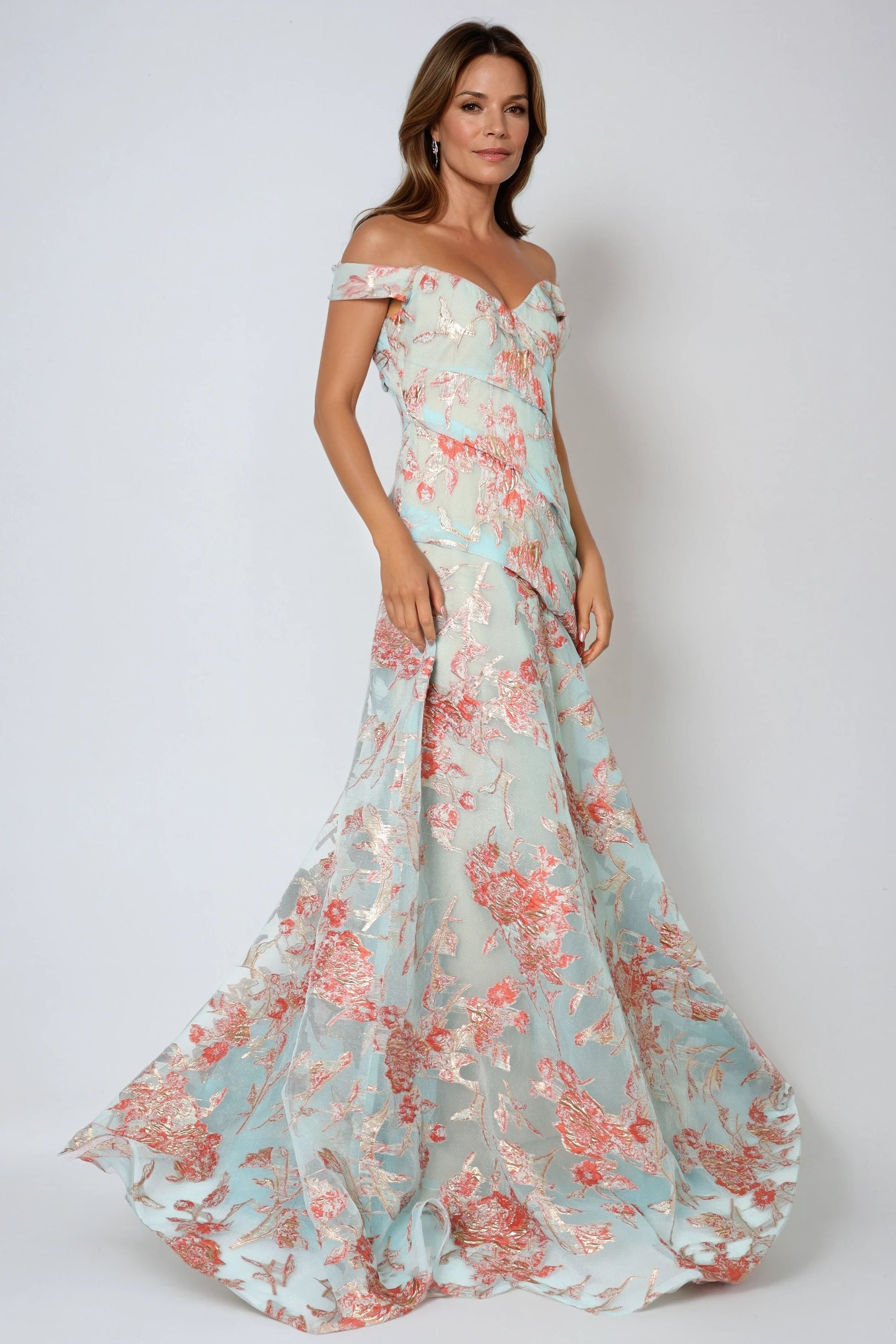 Off The Shoulder Floral Fil Coupe A-Line Gown