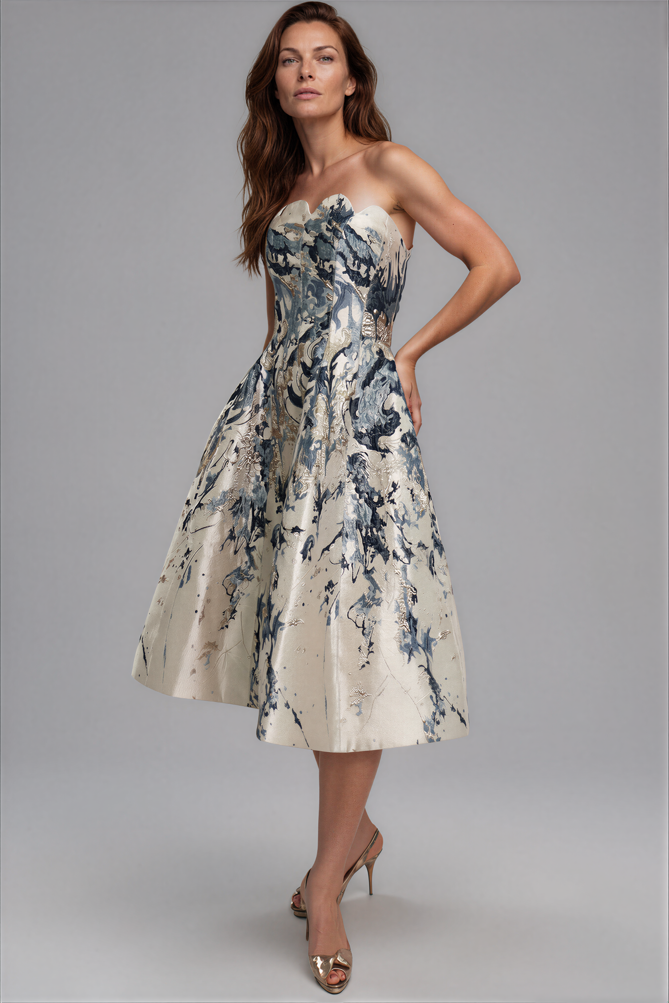 Strapless  Scalloped Brocade Cocktail Midi