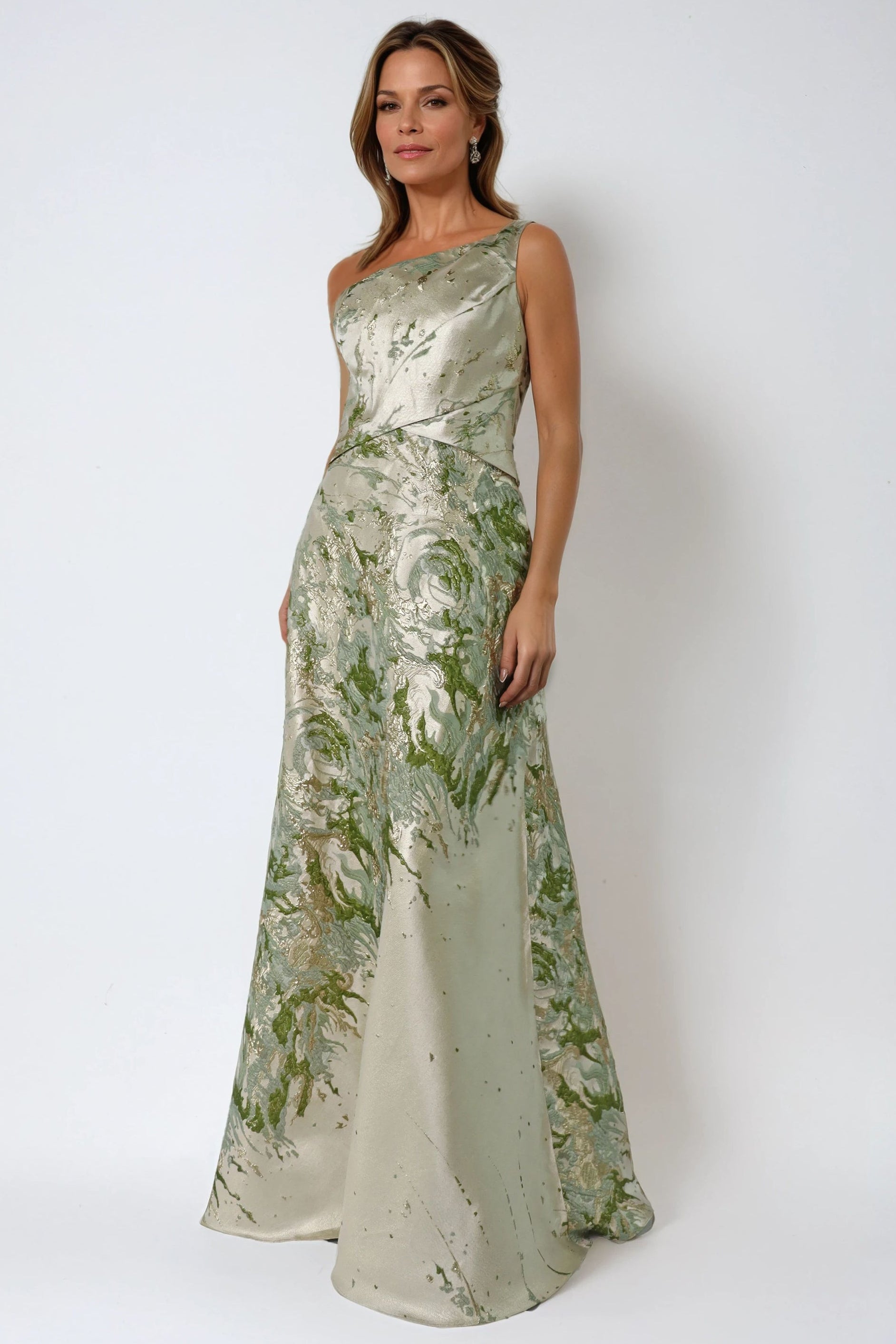 One Shoulder Brocade Metallic A-Line Gown