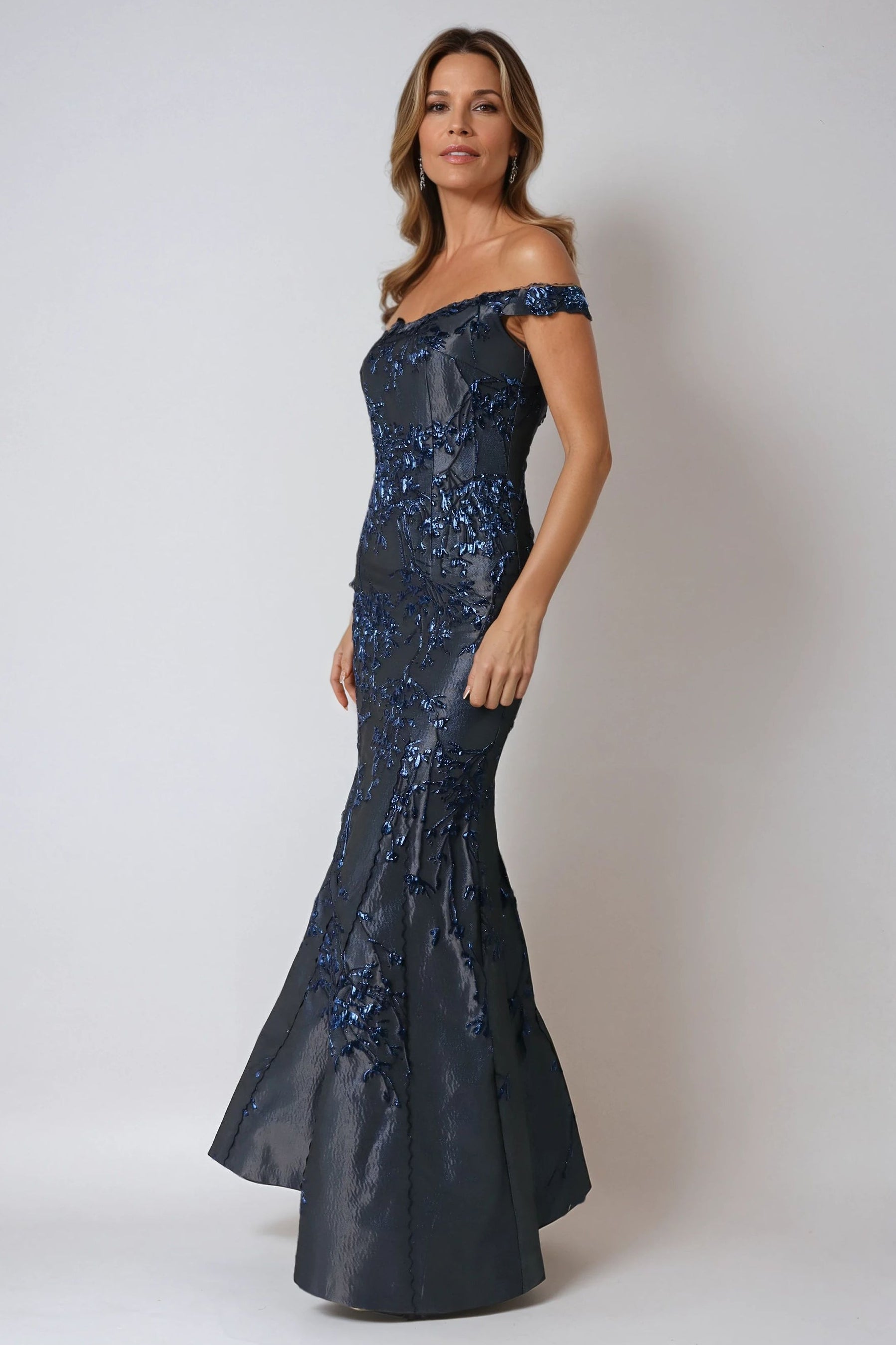 Off The Shoulder Brocade Fit And Flare Gown