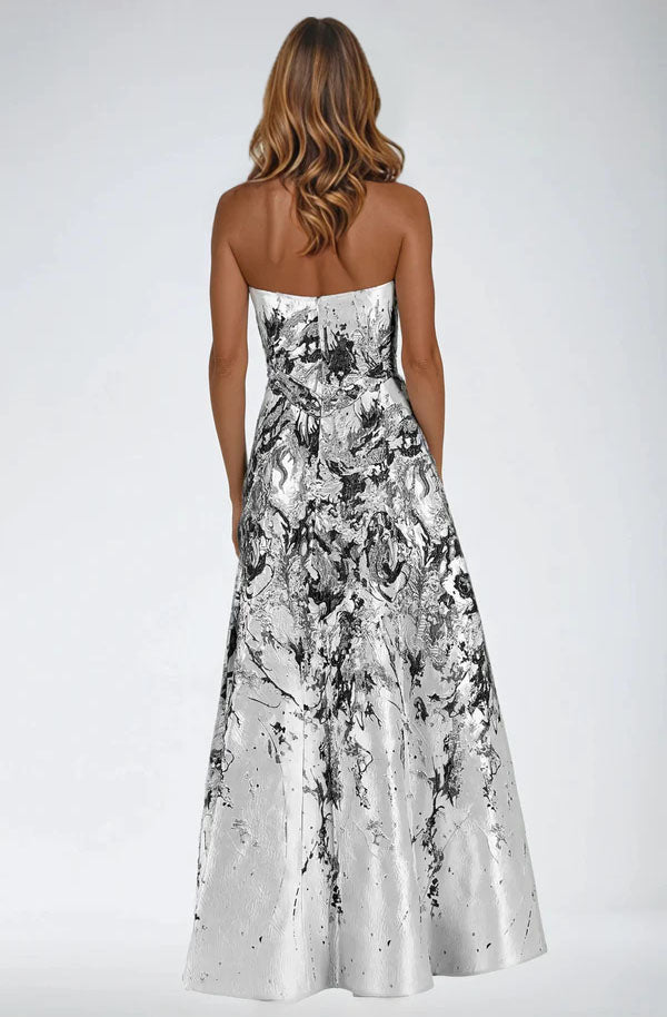 Strapless Boarder Print Brocade A-Line Gown