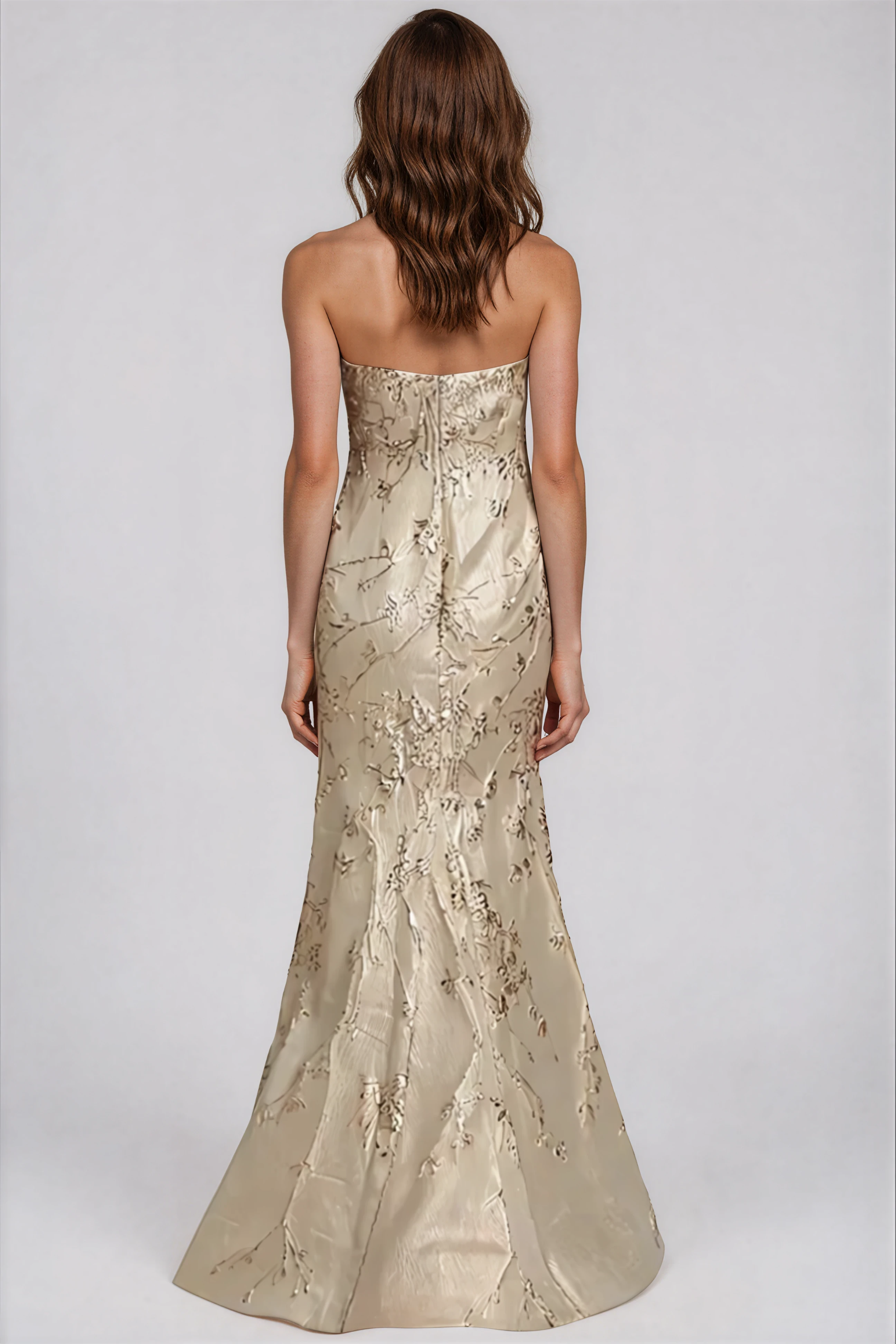 Strapless Fit and Flare Brocade Gown