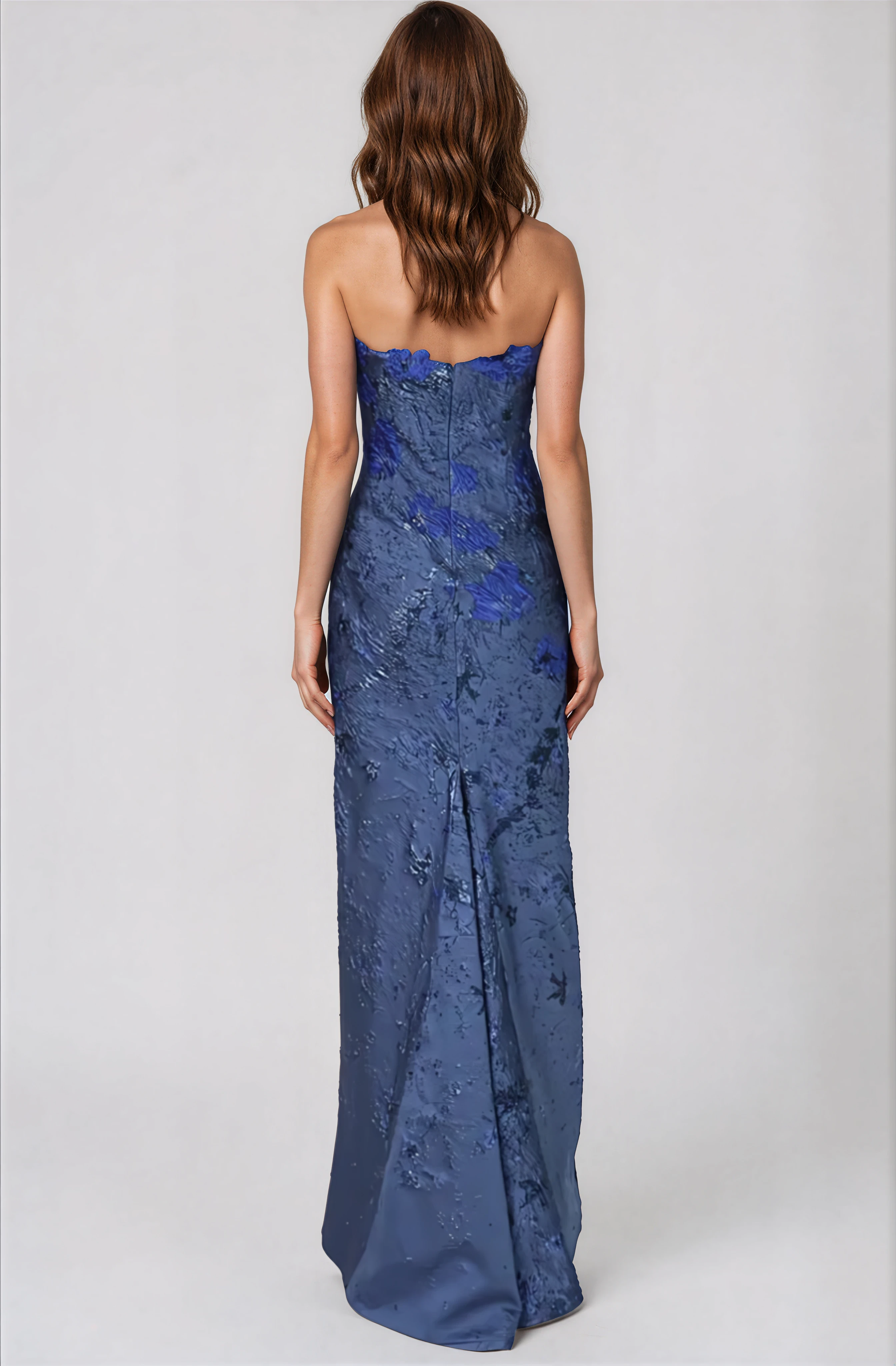 Strapless Floral Brocade Column Gown With Floral Appliques Gown Rene Ruiz Collection