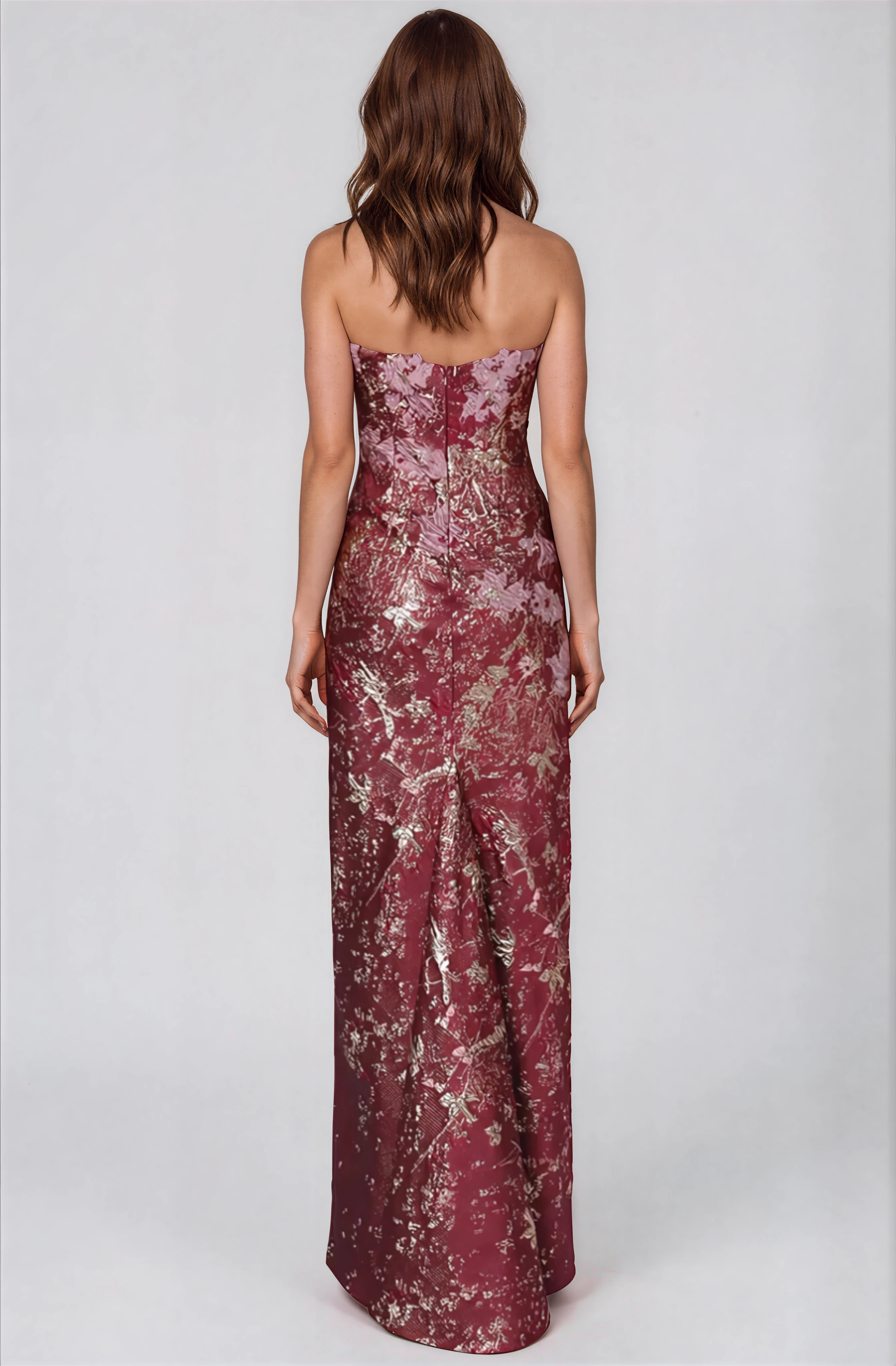 Strapless Floral Brocade Column Gown With Floral Appliques Gown Rene Ruiz Collection
