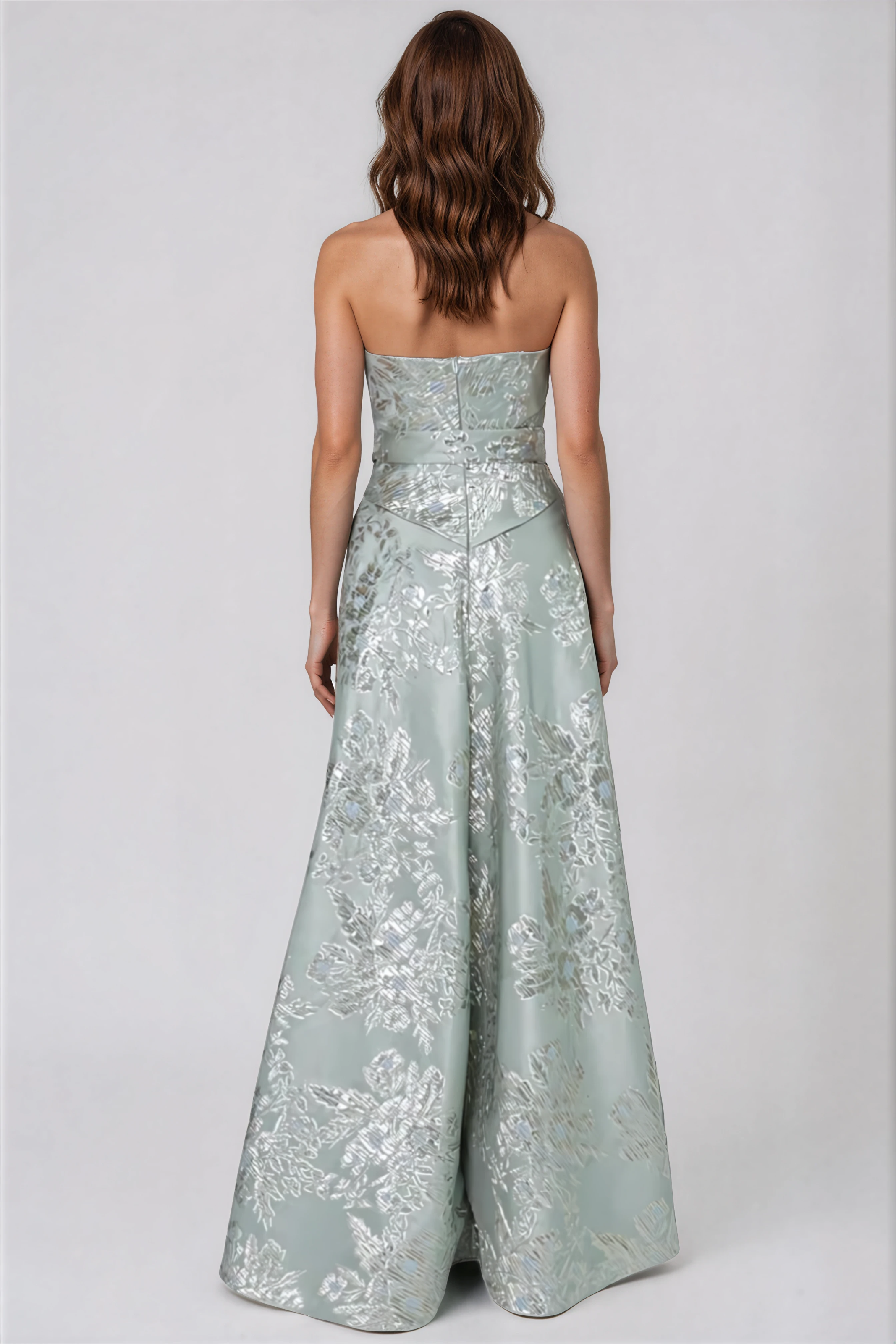 Strapless Floral Brocade Gown
