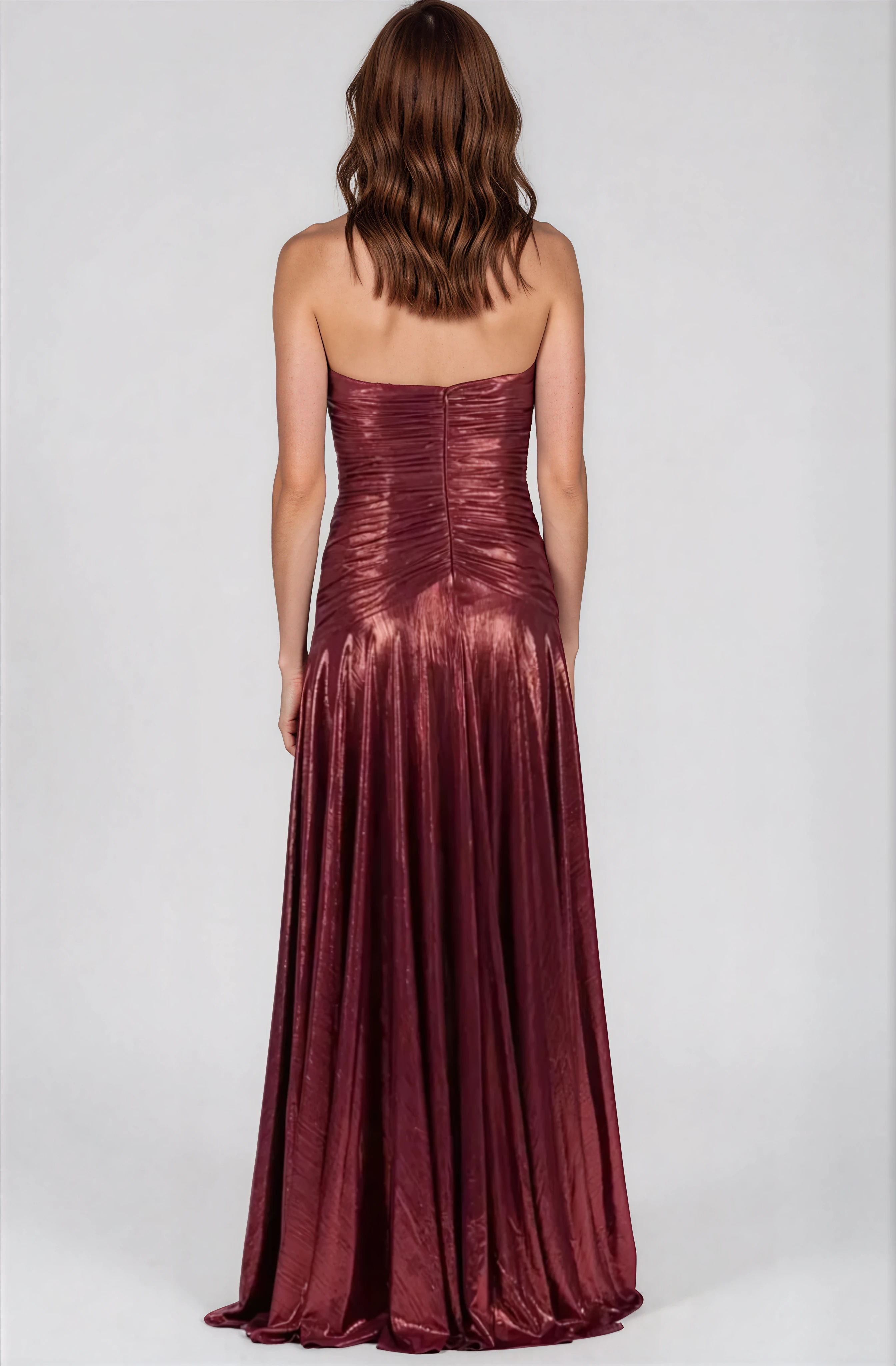 Strapless Hand Draped Metallic Stretch Gown Gown Rene Ruiz Collection