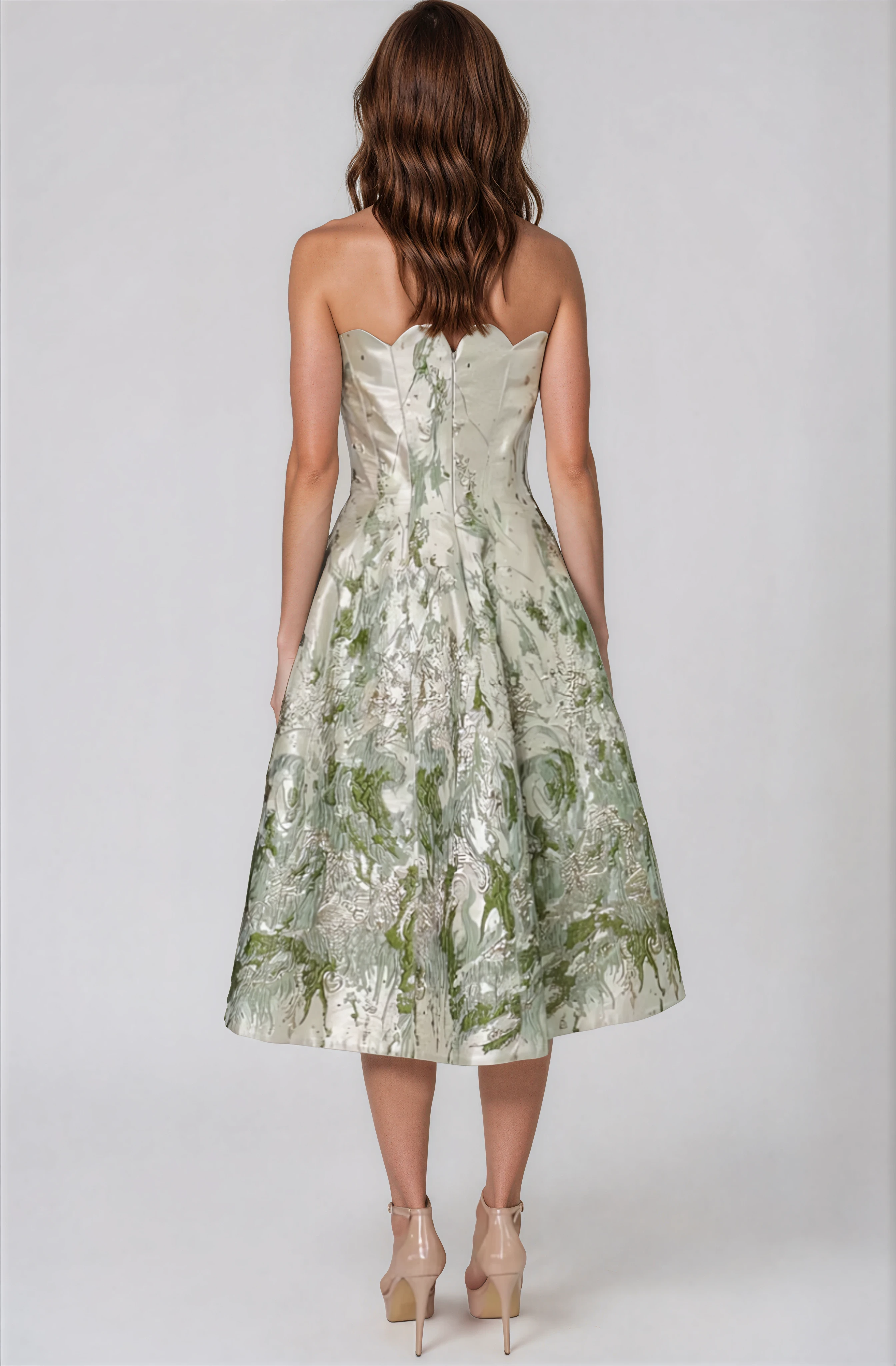 Strapless Scalloped Brocade Cocktail Midi Cocktail Rene Ruiz Collection