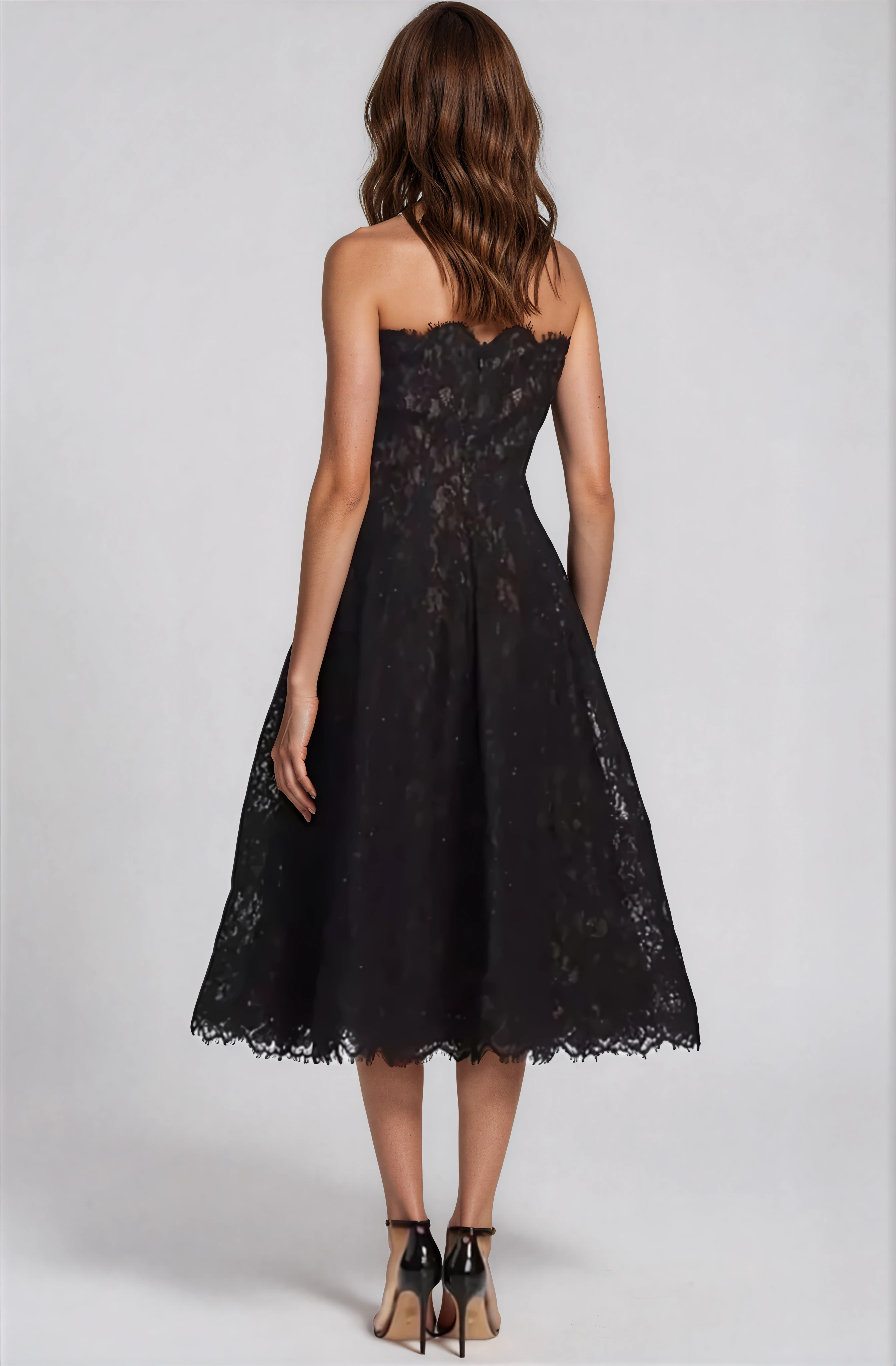 Strapless Scalloped Lace Midi Cocktail Rene Ruiz Collection