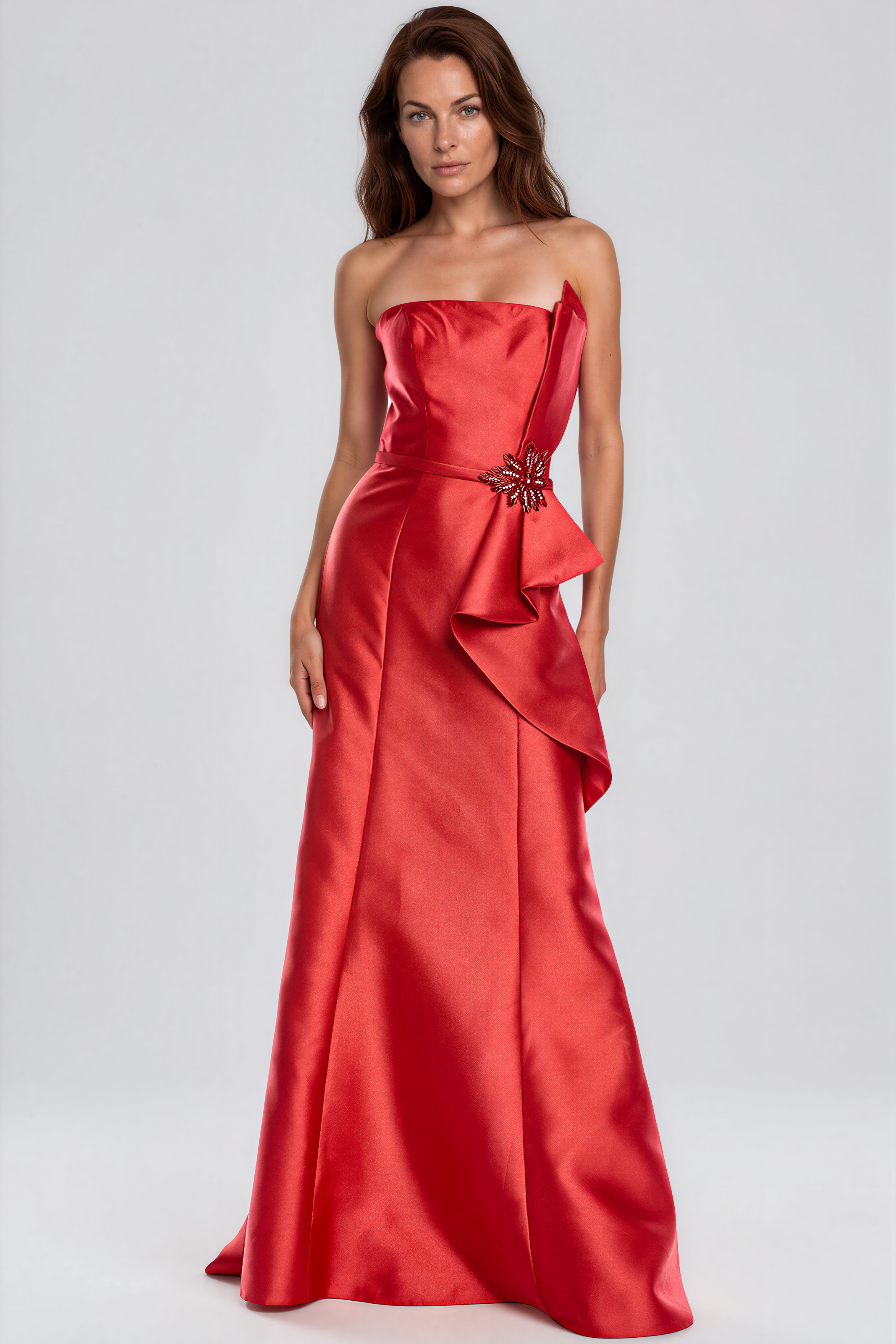 Strapless Ruffle Bow A-Line Gown Gown Rene Ruiz Collection 2 Coral