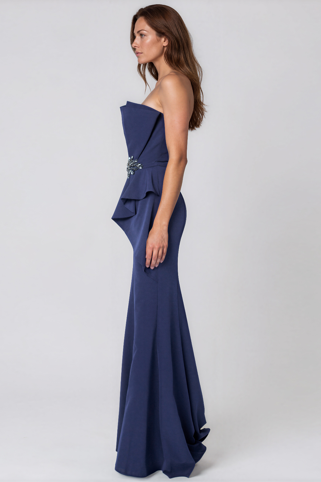 Strapless Ruffle Bow Column Gown Gown Rene Ruiz Collection