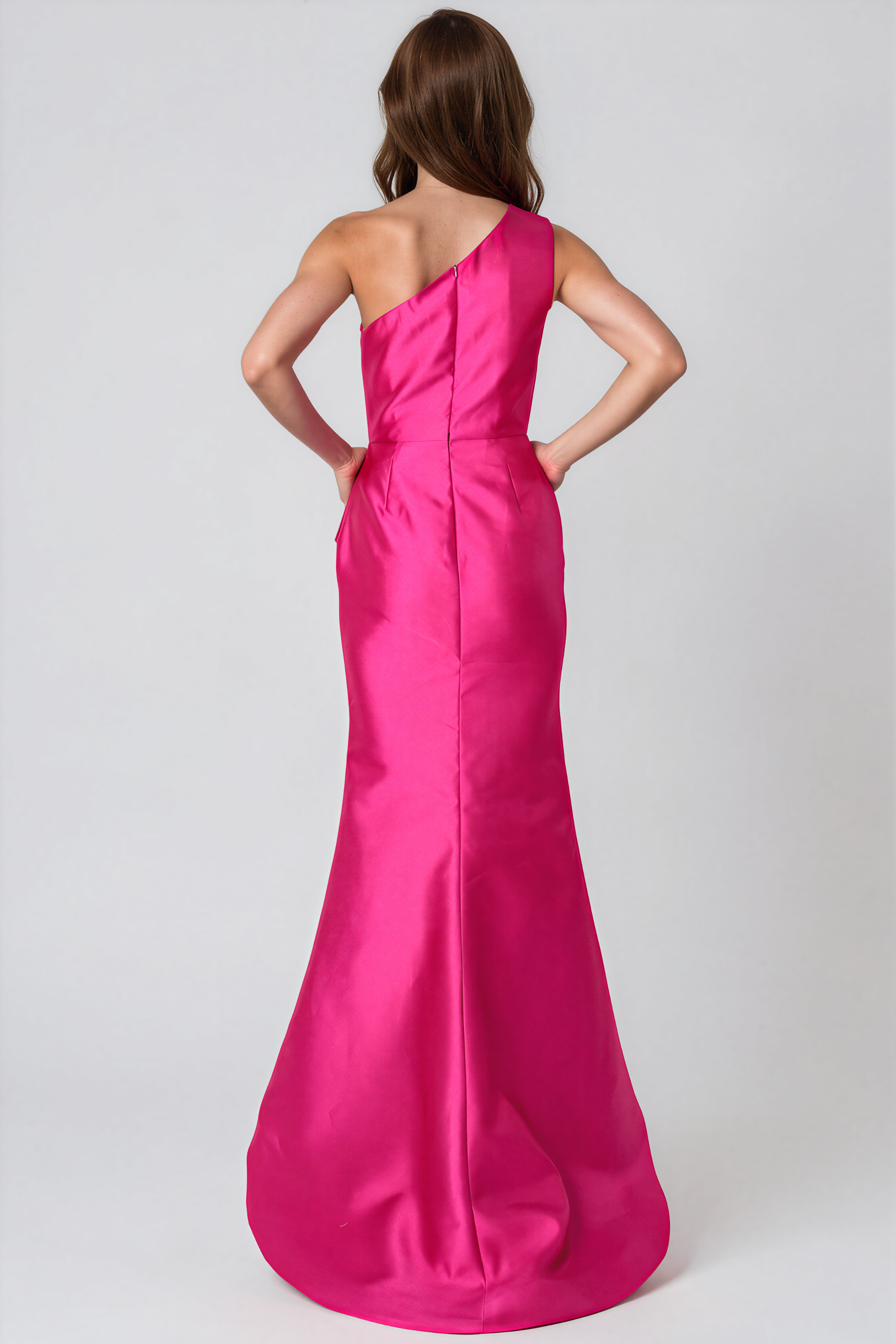 One Shoulder Draped Fit and Flare Mikado Gown Rene Ruiz Collection